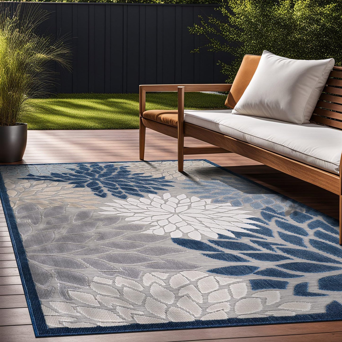 Beverly Rug Outdoor Rug 9x12 Large Modern Floral Tropical Area Rugs for Indoor and Outdoor Patio Easy to Clean Non Shedding Living Room Porch Garden Washable Outside Carpet (9 x 12 Blue)