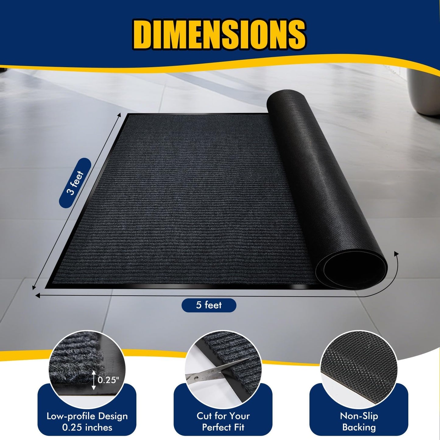 Extra Large Indoor/Outdoor Entrance Mat - 3 x 5 Feet, Rubber Border Door Mat Heavy Duty, Waterproof, Low-Profile, Easy to Clean, Rubber Entry Mat,Commercial Floor Mat, Charcoal Grey