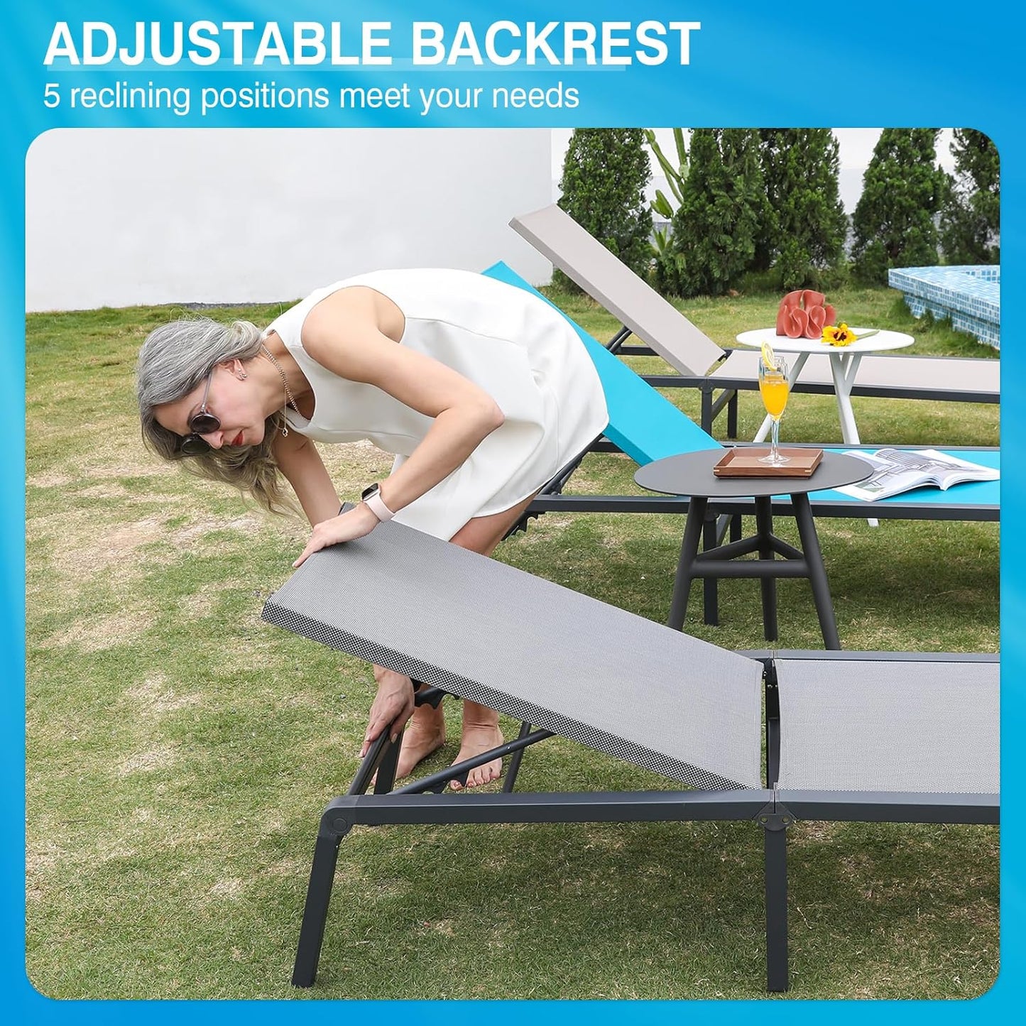 Aluminum Chaise Lounge Chair Outdoor, Foldable Patio Lounge Chair 2 Sets Assemble-Free, Pool Lounge Chairs with 5 Adjustable Backrest, Outdoor Lounge Chairs for Outside Poolside Beach Lawn Blue