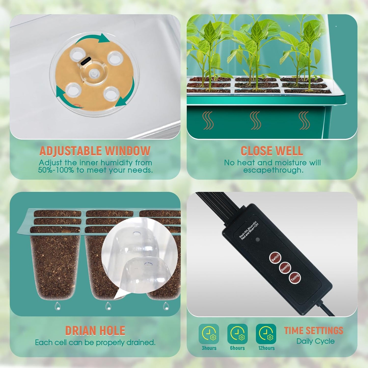 12-Set Seed Starter Tray with Grow Light, Seed Starting Trays Kits with Timing Controller Adjustable Humidity Domes Heightened Lids(12-Cells Per Tray)