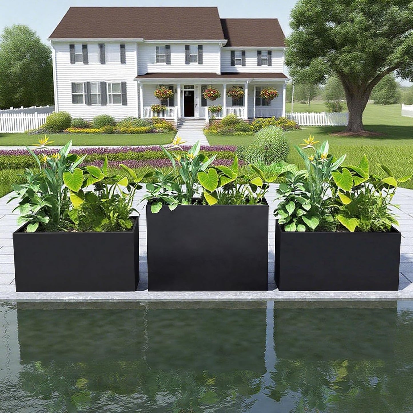 Galvanized Steel Planter Black Metal Outdoor Planter Powder Coated 32" x 12" x 16" Pot Metallic Heavy Pot Indoor & Outdoor, Commercial & Residential (L32 x W12 x D16, Black)