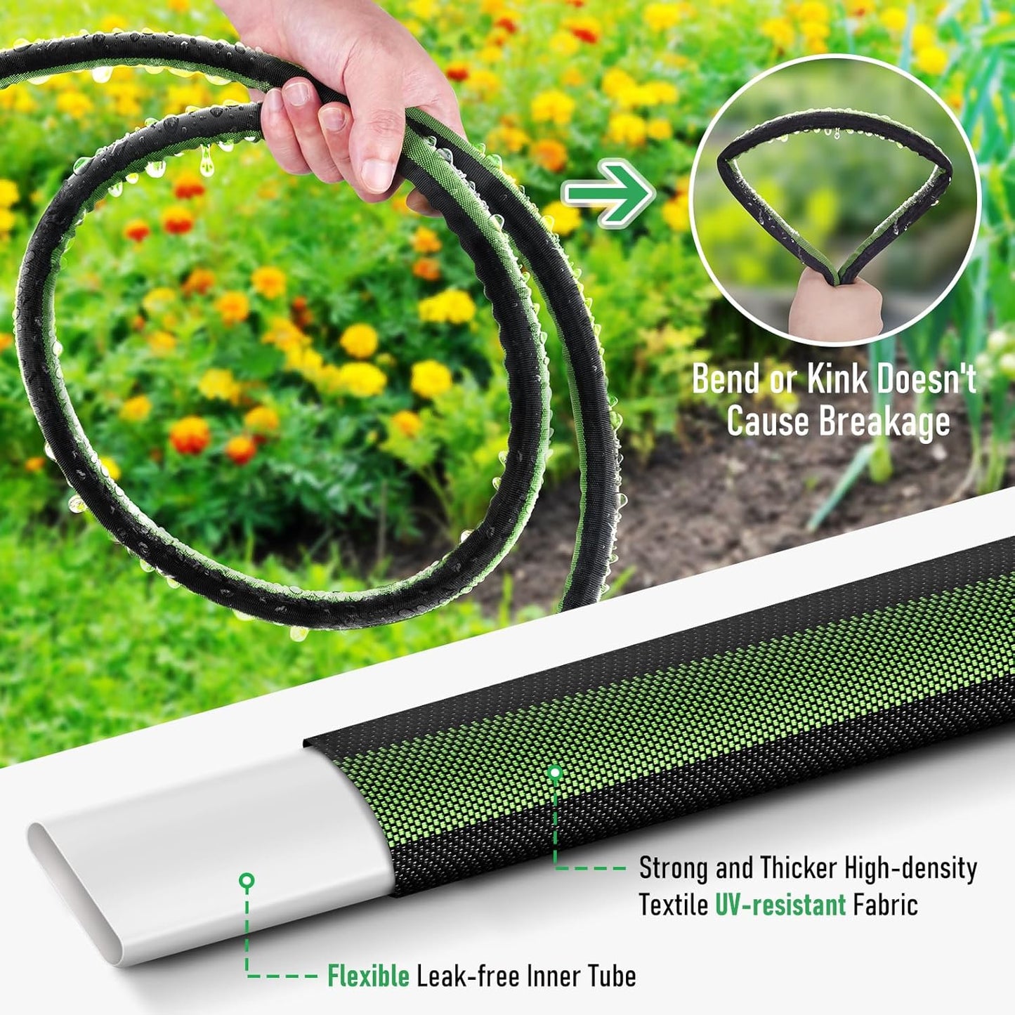 Flat Soaker Hose 15FT for Garden and Lawns, 80% Water-Saving Drip Irrigation Hose with Anodized Aluminum Ends, Flexible Leakproof Double Layer Gardening Hoses ﻿