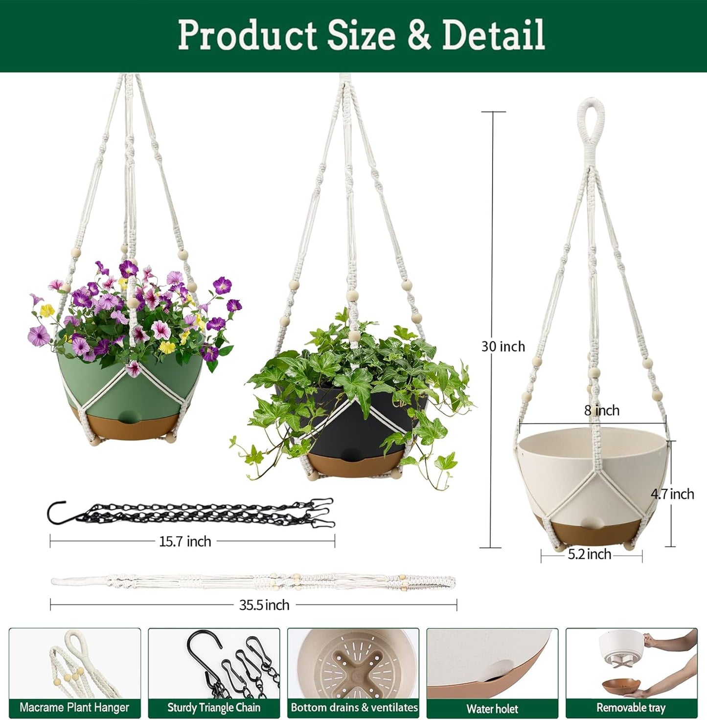3 Pack Hanging Planters Set, 8 Inch Indoor Outdoor Hanging Plant Pot Basket,Hanging Flower Pot with Drainage Hole with 3 Hooks for Garden Home(8 inch Combination)