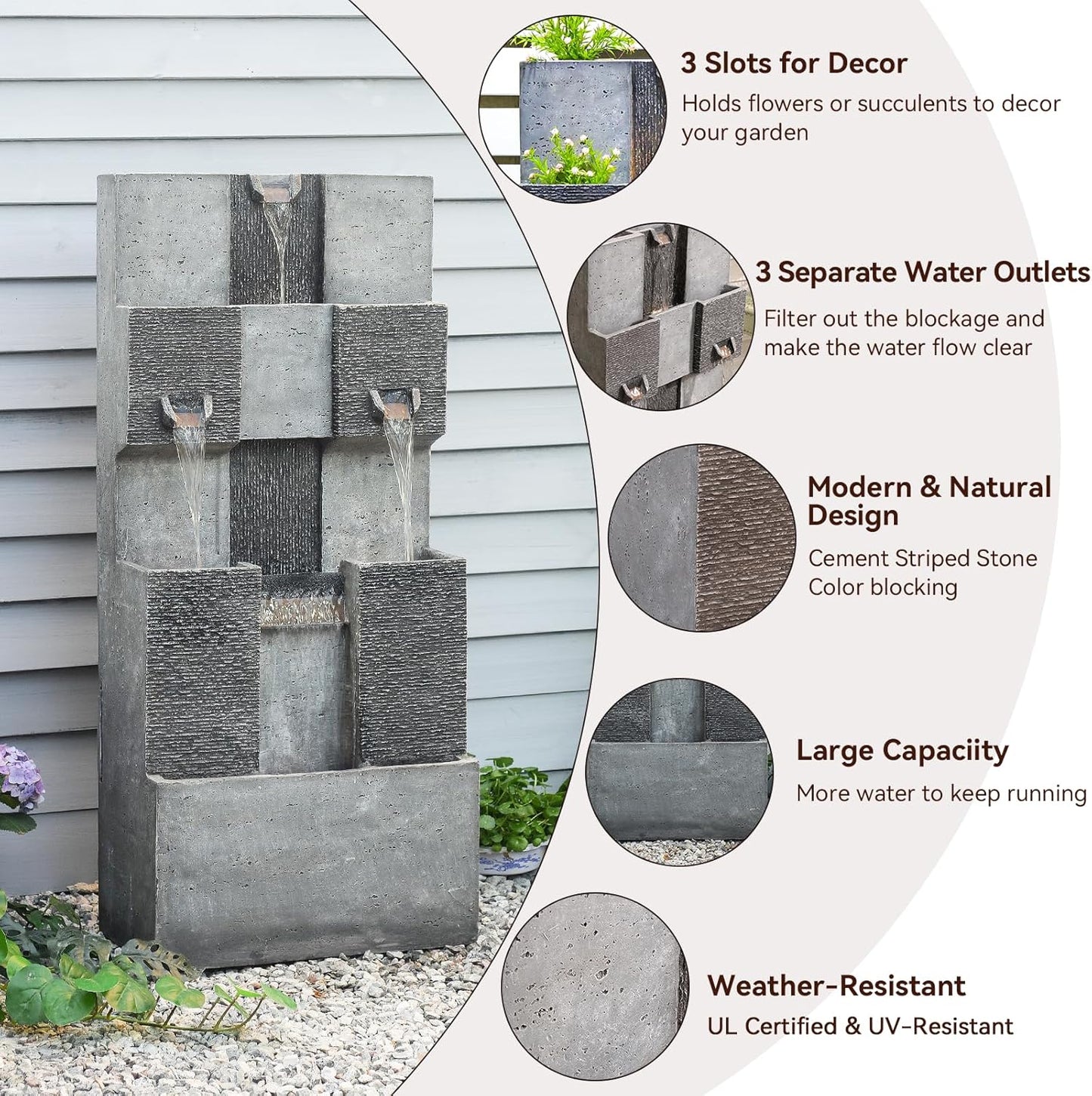 44.8" H Modern Outdoor Water Fountain with LED Lights and Pump, Mutiply-Tier Standing Cascading Waterfall - Modern Design for Garden,Patio,Yard, Multi-Level Outdoor Decor (Gray)