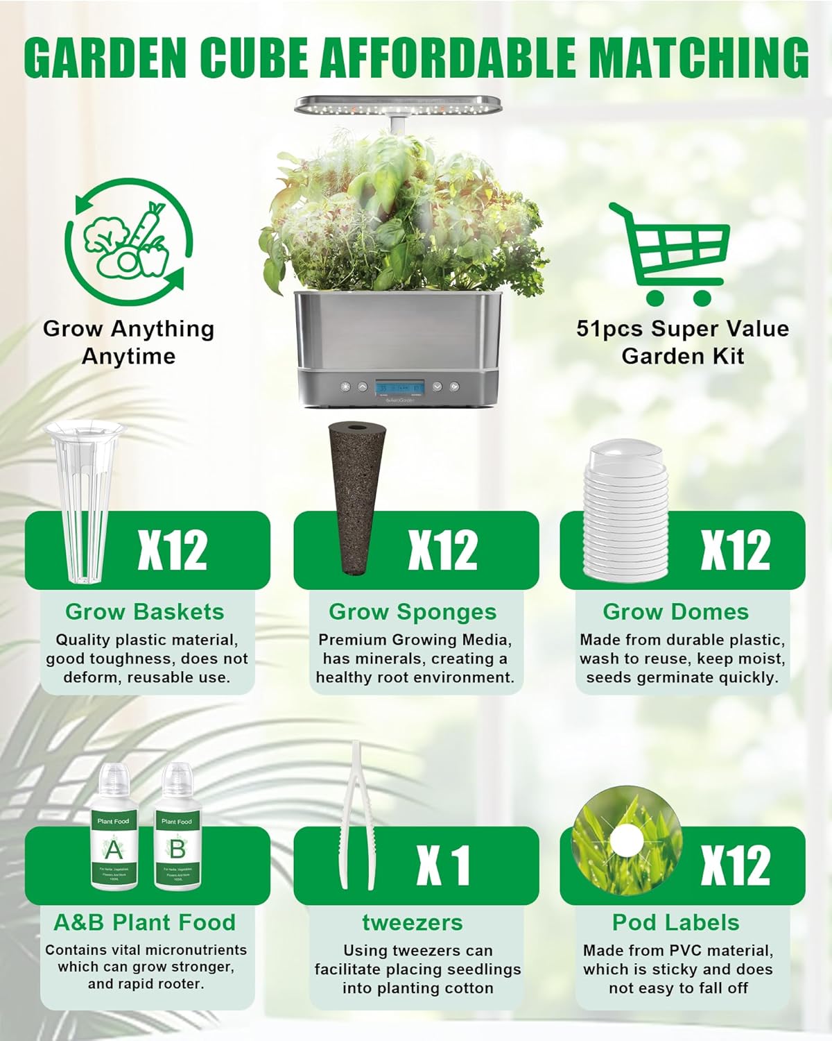 51Pcs Hydroponic Pods Kit：Supplies for Aerogarden Pods,12 Grow Sponges,12 Grow Baskets,12 Pod Labels,12 Grow Domes,with 200ml Plant Food Nutrient,1 Tweezers - Hydroponics Supplies for Most Brand