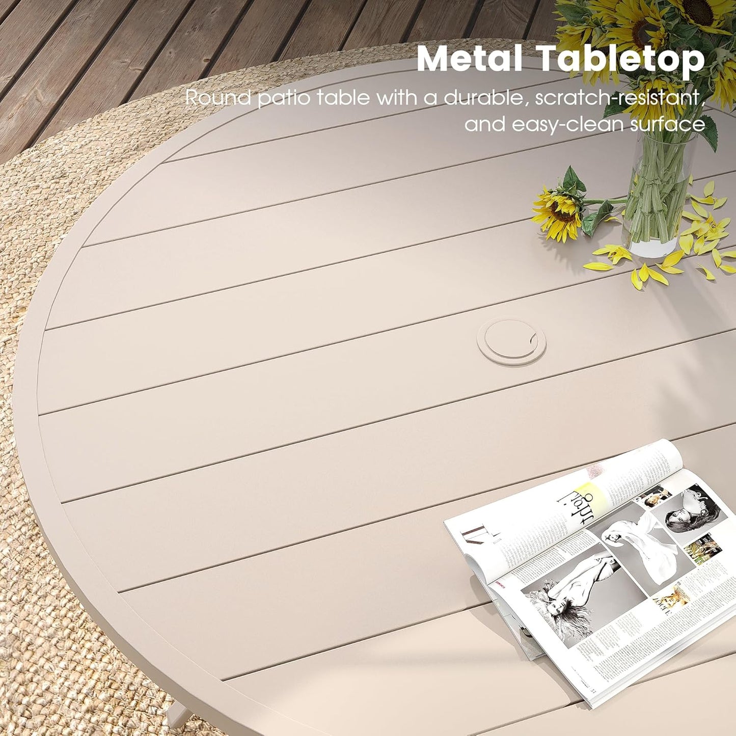 DIFY 50" Round Outdoor Patio Dining Table for 6, Metal Patio Table with 1.57" Adjustable Umbrella Hole, All-Weather Dining Furniture Table for Backyard Lawn Garden, Sandshell