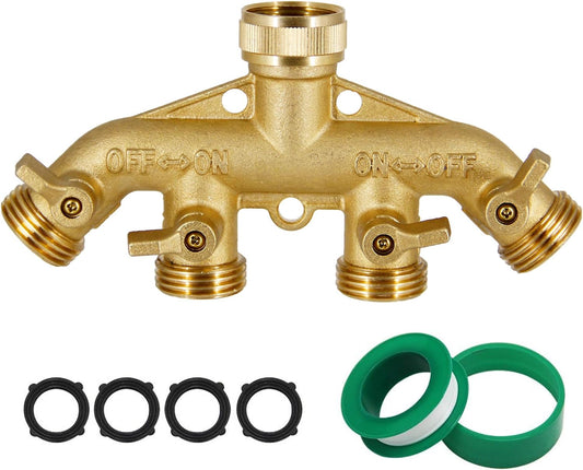 4 Way Brass Hose Splitter, 3/4" Heavy-Duty Brass Garden Hose Splitter, Garden Hose Adapter Connector