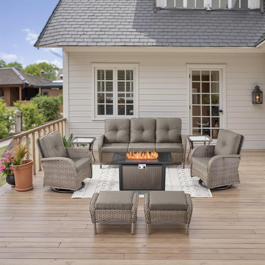 8 Piece Patio Furniture Set with 50000 BTU Propane Fire Pit Table, Outdoor Conversation Set with 2 Swivel Rocker Chairs Wicker Sofa and Ottomans for Casual Gatherings Grey Wicker