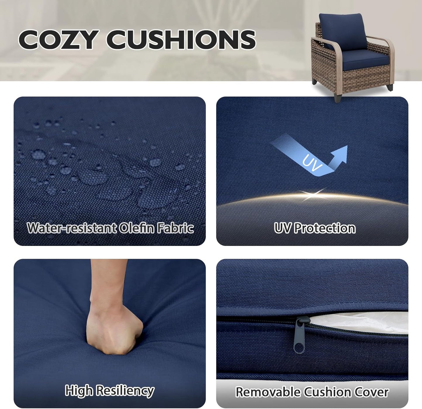 EAGLE PEAK Modern Wicker Outdoor Chair, Patio Chair Curved Armrest, Rattan Patio Furniture for Yard Deck Porch Garden, 2 Chairs 2 Ottomans, 4 Pieces, Brown/Blue