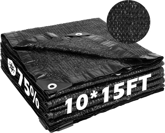Garden expert 75% Black Shade Cloth 10x15FT Taped Edge with Grommets Sun Net Mesh for Garden Patio Backyard UV-Resistant