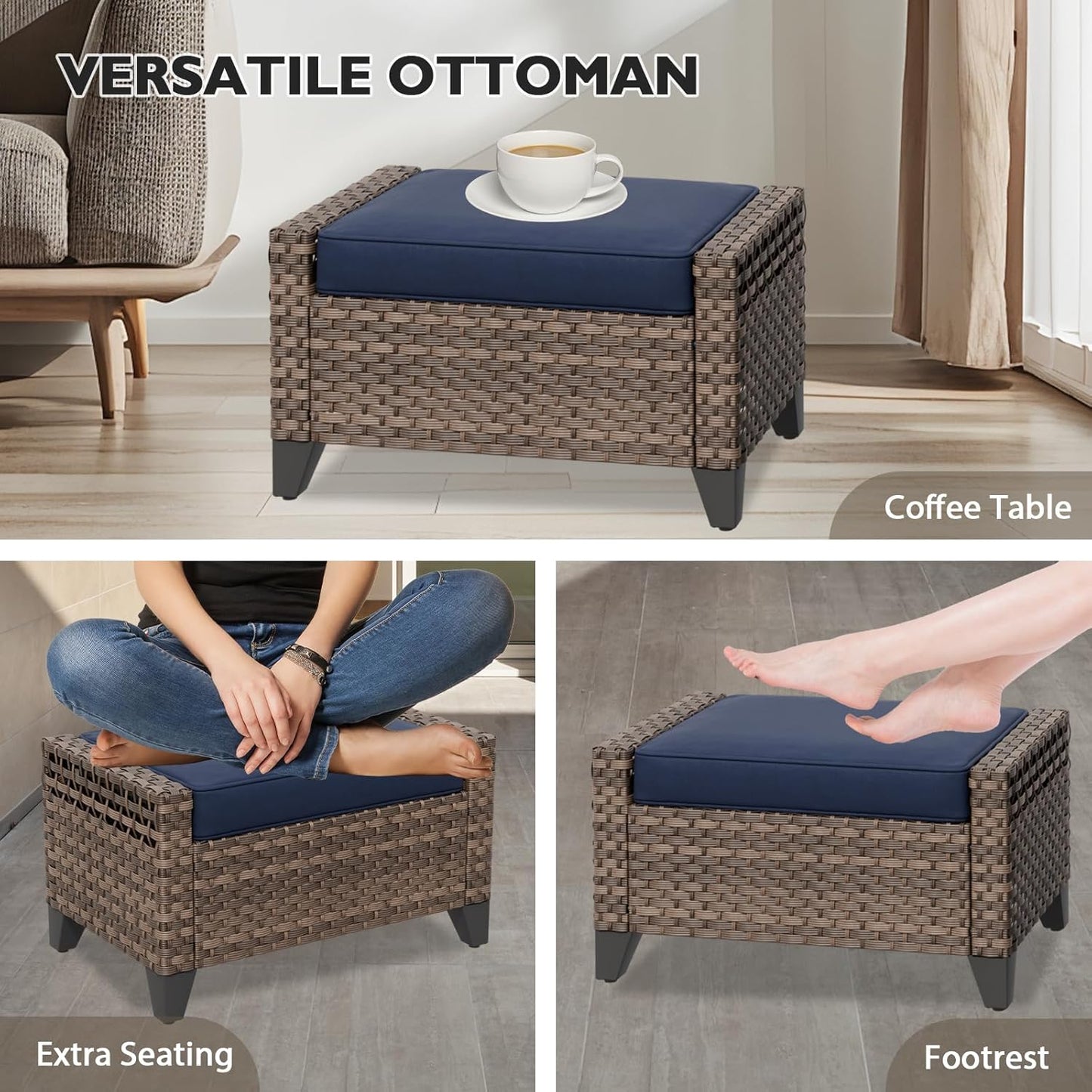 EAGLE PEAK Modern Wicker Outdoor Chair, Patio Chair Curved Armrest, Rattan Patio Furniture for Yard Deck Porch Garden, 2 Chairs 2 Ottomans, 4 Pieces, Brown/Blue