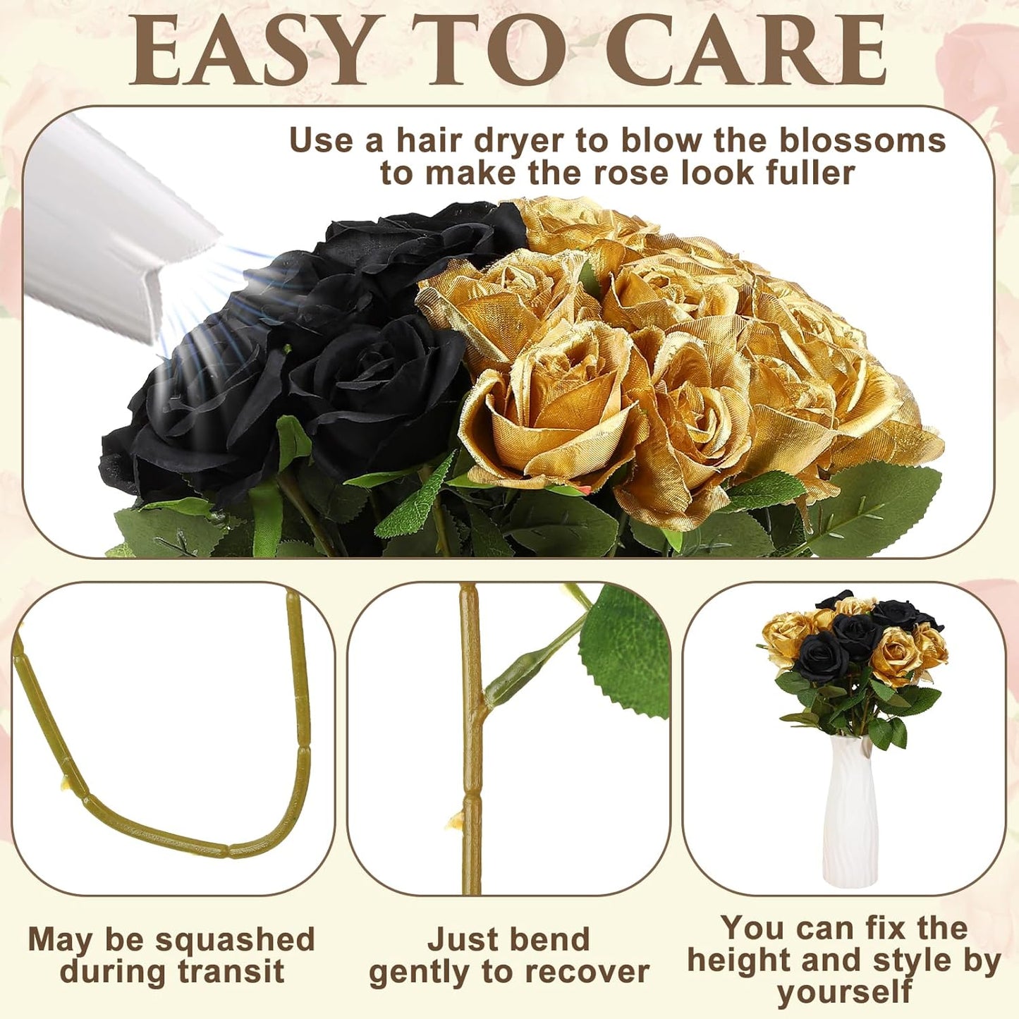 36 Pcs Silk Black Gold Rose Bouquet Bridal Artificial Flowers,Fake Rose Long Stem Realistic Flowers Bulk for Wedding Bouquet Ball Arrangement Centerpiece Party Decor
