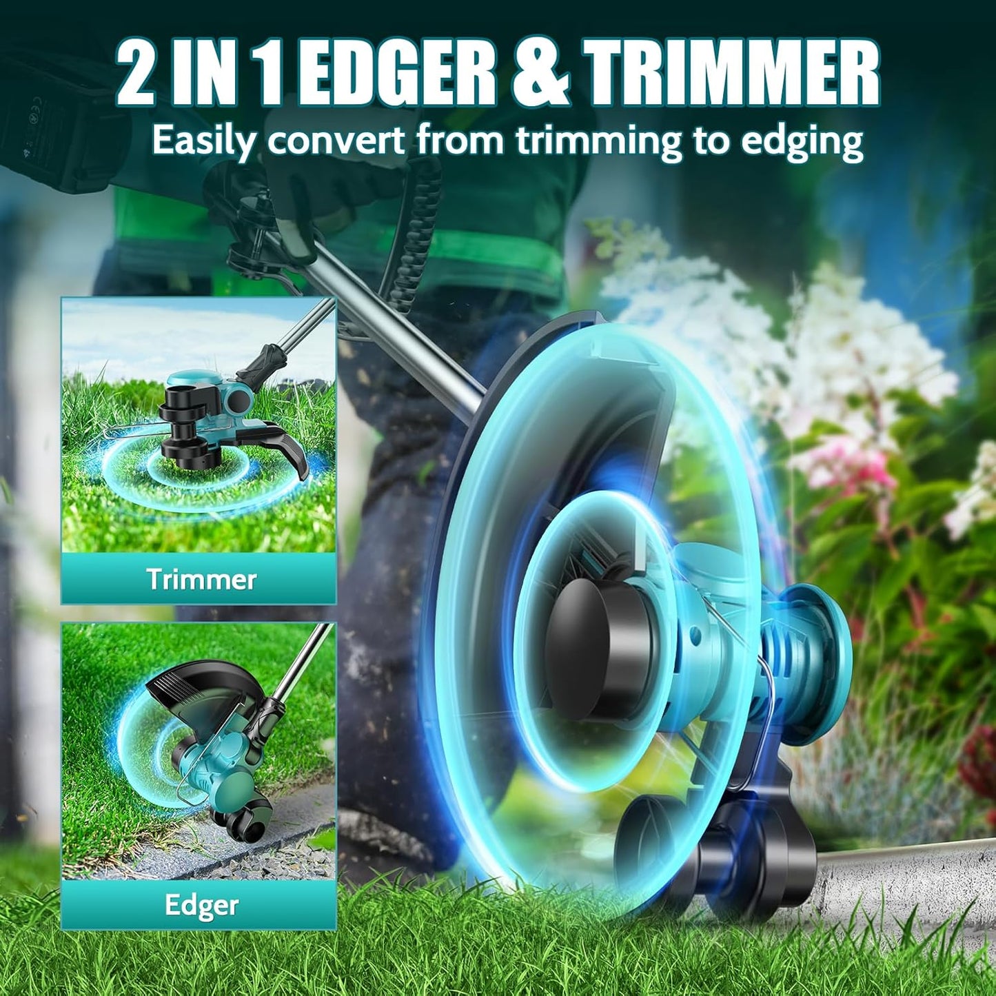 12-Inch 21V Cordless String Trimmer, Electric Weed Wacker, 2 in 1 Trimmer & Edger with Fast Charger, 2 X 3.0Ah Battery Powered Grass Mover, Portable Weed Eater for Lawn Yard Garden