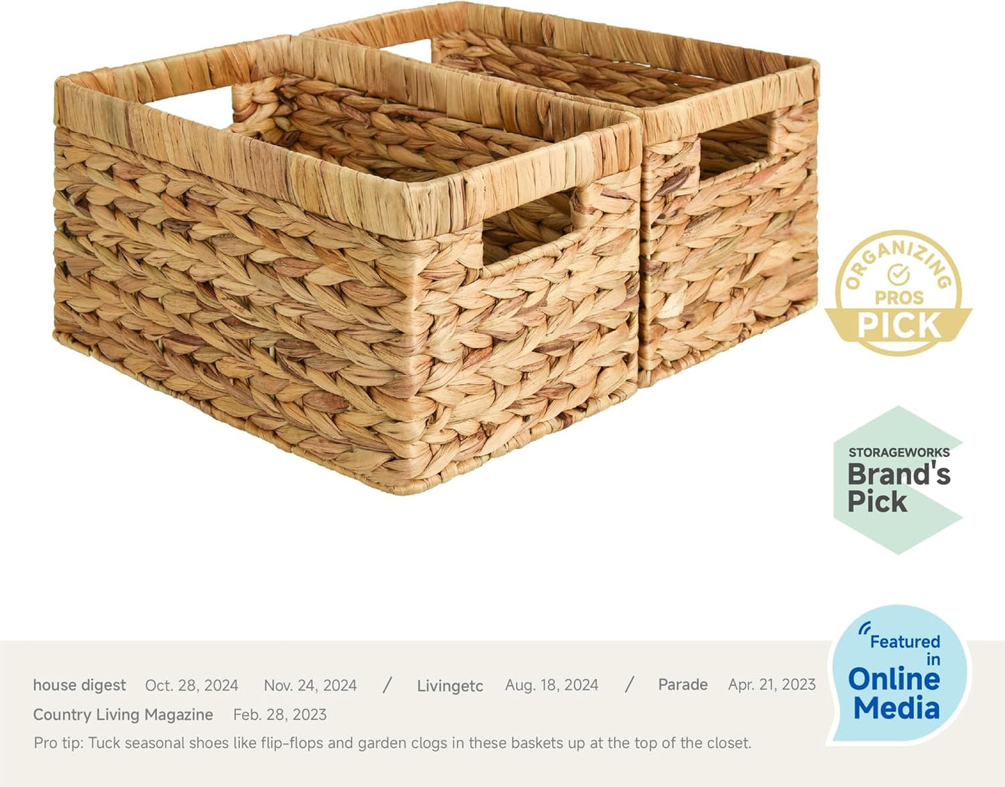 StorageWorks Wicker Basket, Baskets for Organizing, Storage Basket with Built-in Handles, Water Hyacinth Shelves (Medium 2-Pack, Natural Hyacinth)