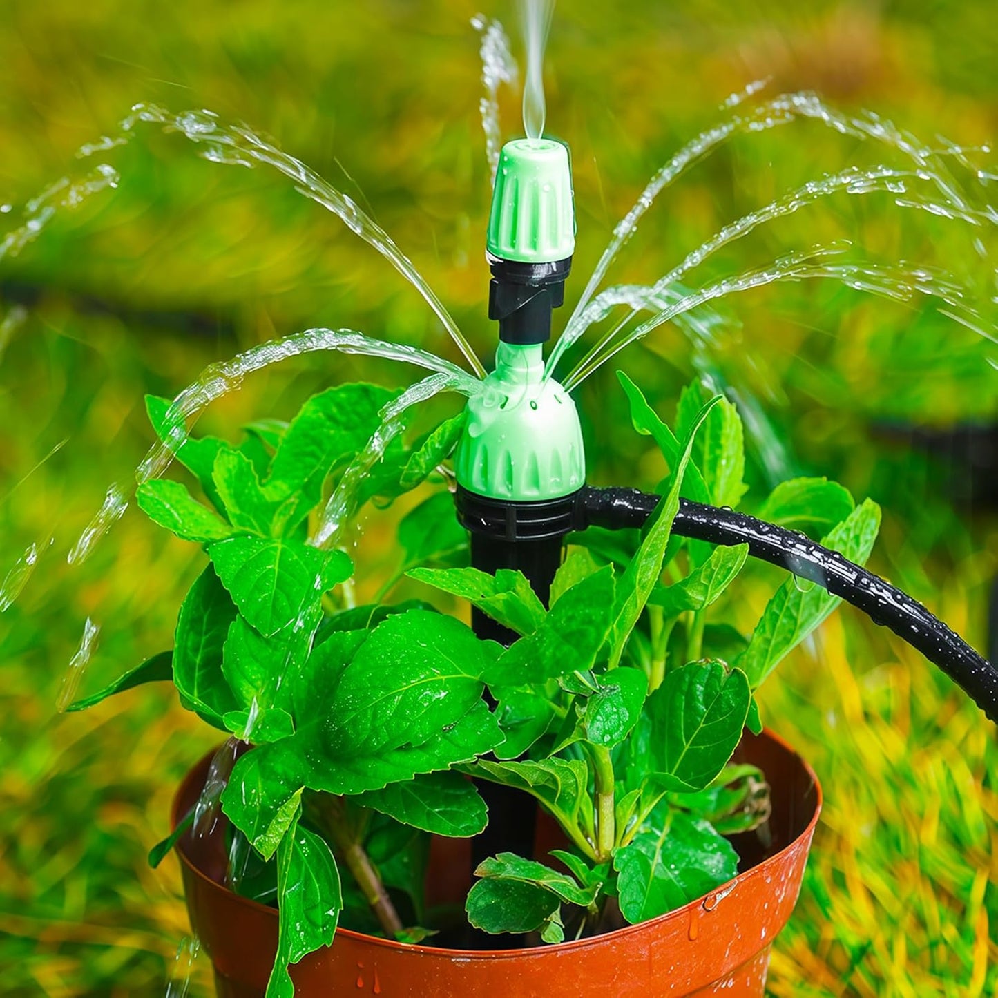 Drip Irrigation Emitters for 1/4" Irrigation Tubing, 25 Pack Integrated Drip Irrigation Stream Emitters & Adjustable Atomizing Nozzles with Stake Adjustable 360 Degree Water Flow Sprayer