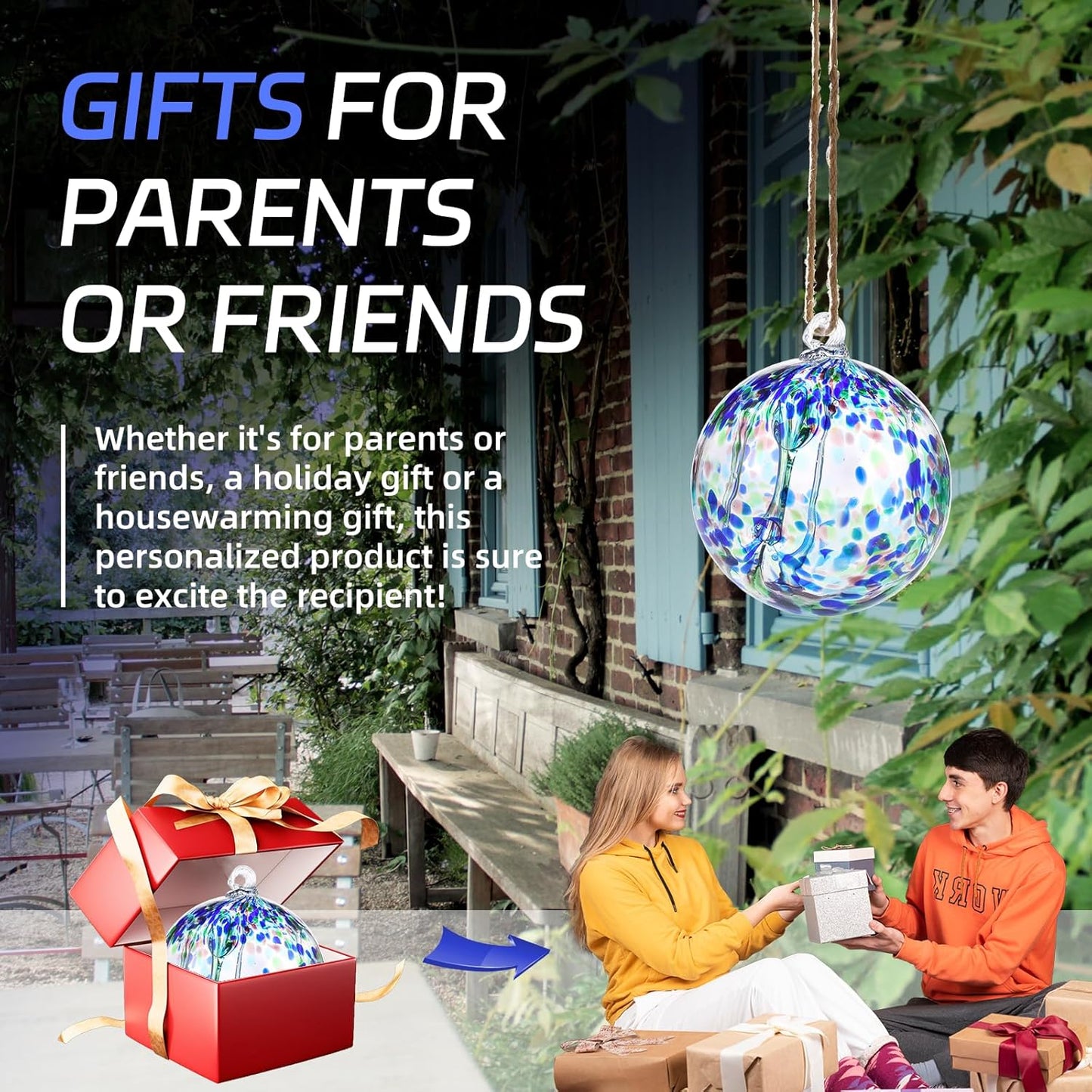 VOREEN 6" Hanging Glass Garden Gazing Ball Hand Blown Glass Witch Ball Christmas Ornament Friendship Balls for Outdoor Garden Patio Window Home Décor Gift for Mom Wife Friend, Green Blue