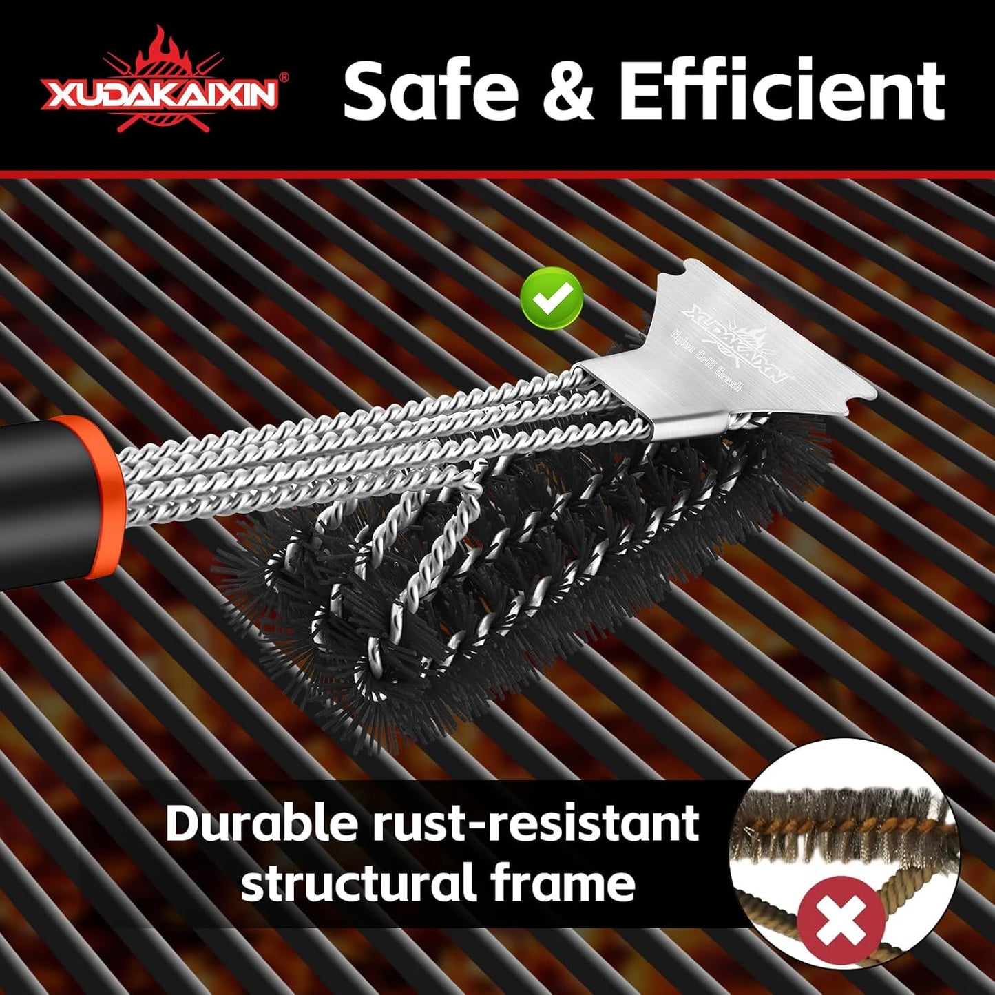 Grill Brush and Scraper, Safe Nylon Bristles Barbecue Triple Scrubbers Cleaning Brush for Cast Iron Grates/Porcelain/Weber Gas/Charcoal Grill，Extra Strong BBQ Cleaner Accessories (Black)