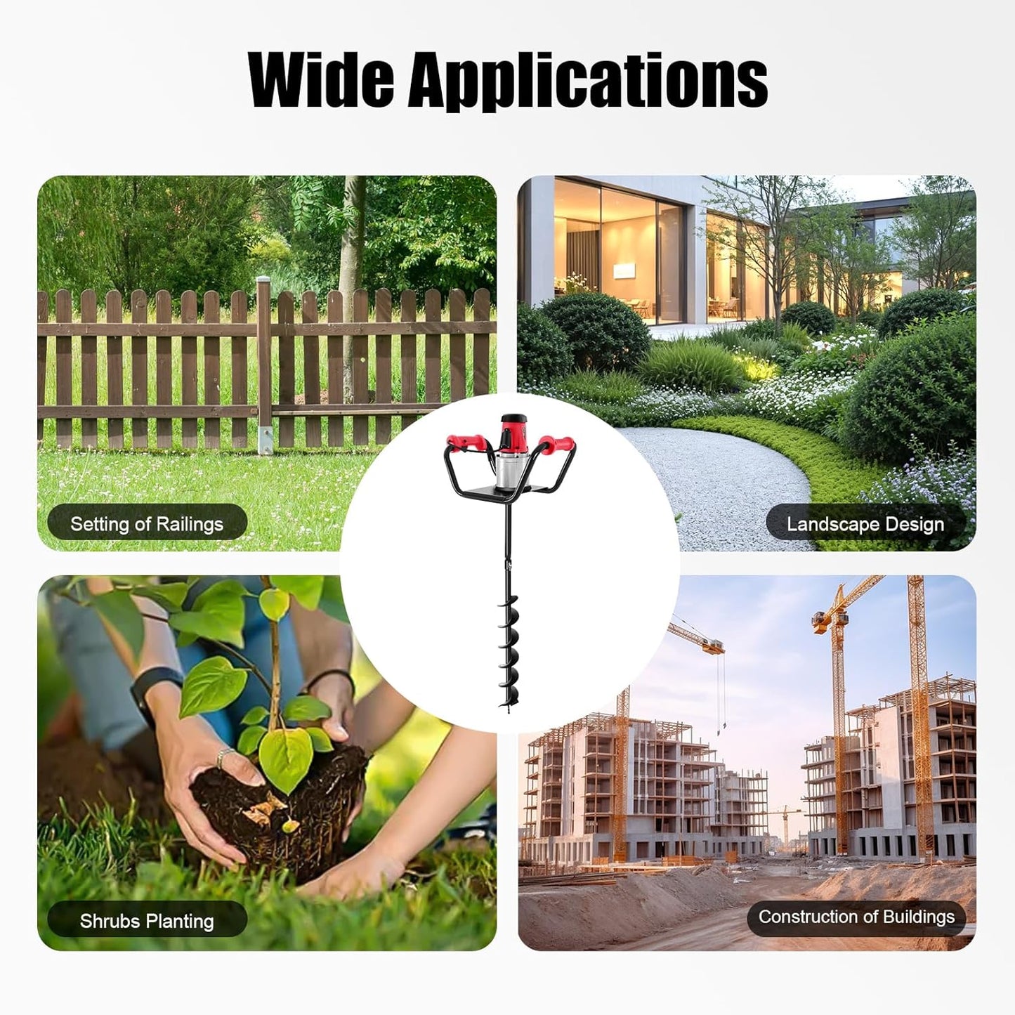 Post Hole Digger, 1500W Electric Post Hole Auger Earth Auger Digging Drill Digging Machine with 4" Digging Auger Bit and Extension Bar Set for Planting, Trenching in Garden