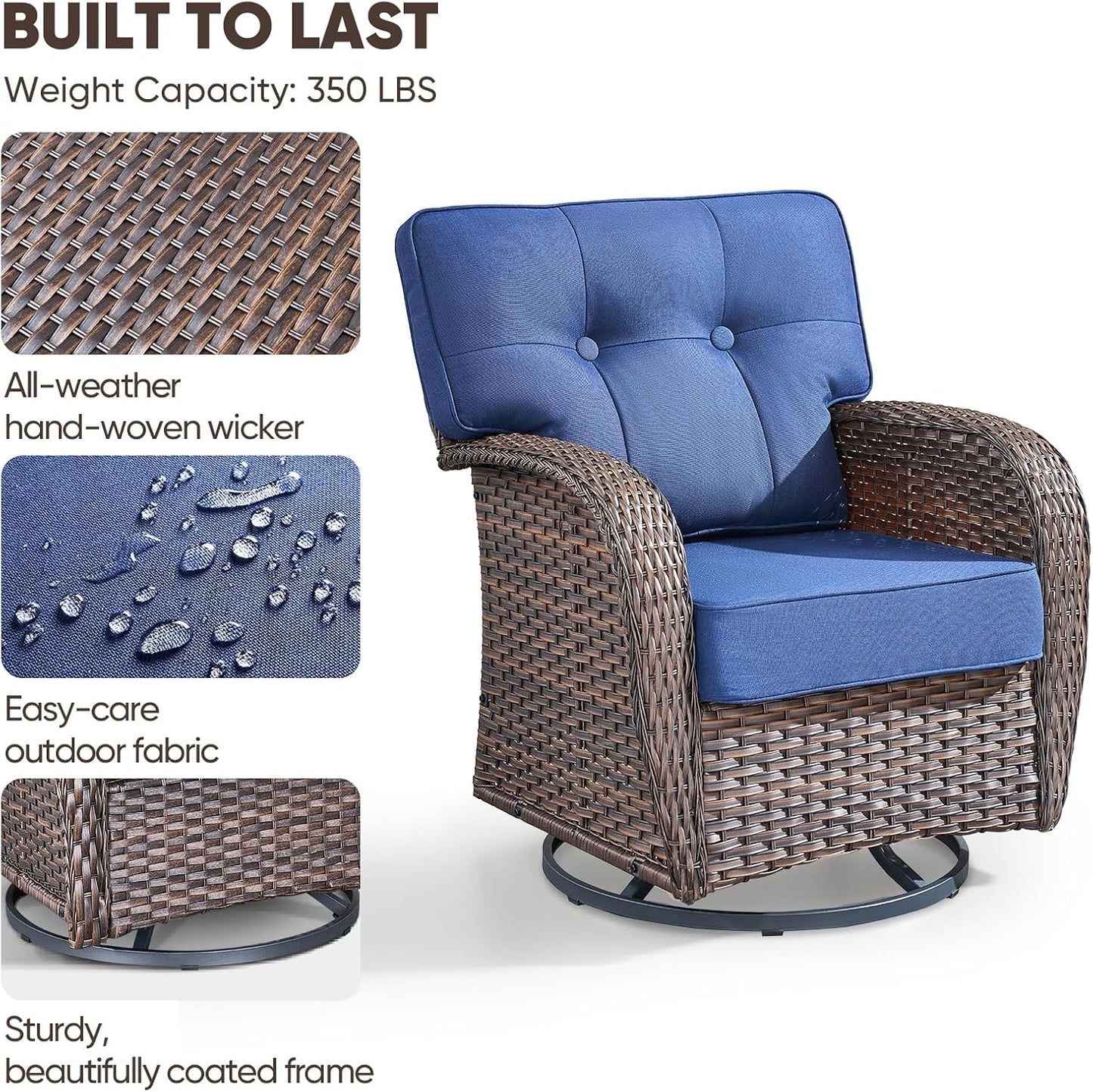 5-Piece Rotating Balcony Chair Set with 31-inch T-Shaped Wide backrest - Rattan Outdoor Rotating Balcony Chairs, Wide backrest Comfortable Outdoor Sliding Chair - Brown | Blue