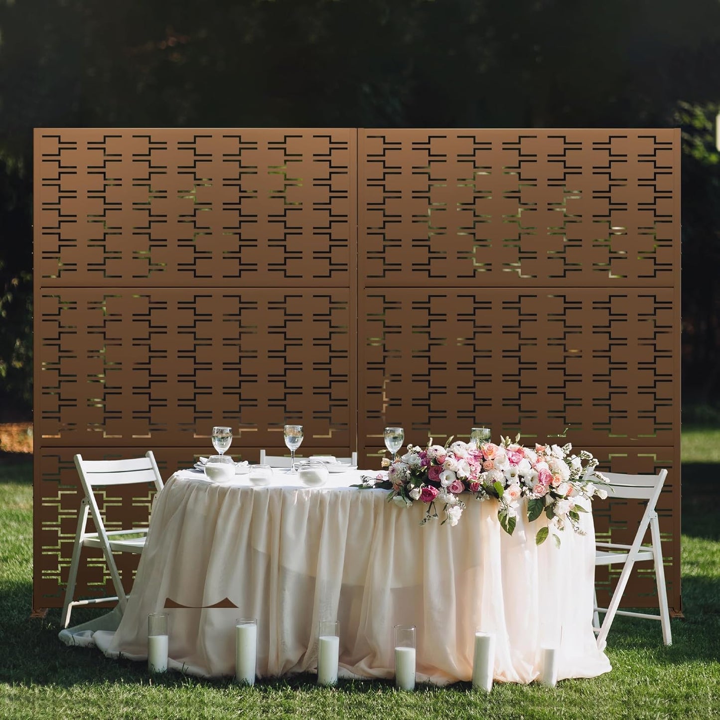 Metal Privacy Screen Outdoor 72" H×47" W,Freestanding Decorative Privacy Screen for Balcony Yard&Garden,Privacy Fence-Brown&Brick