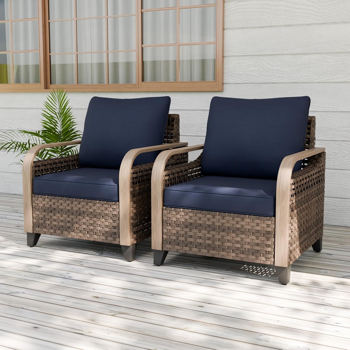 EAGLE PEAK Modern Wicker Outdoor Chair, Patio Chair Curved Armrest, Rattan Patio Furniture for Yard Deck Porch Garden, 2 Chairs, Brown/Blue