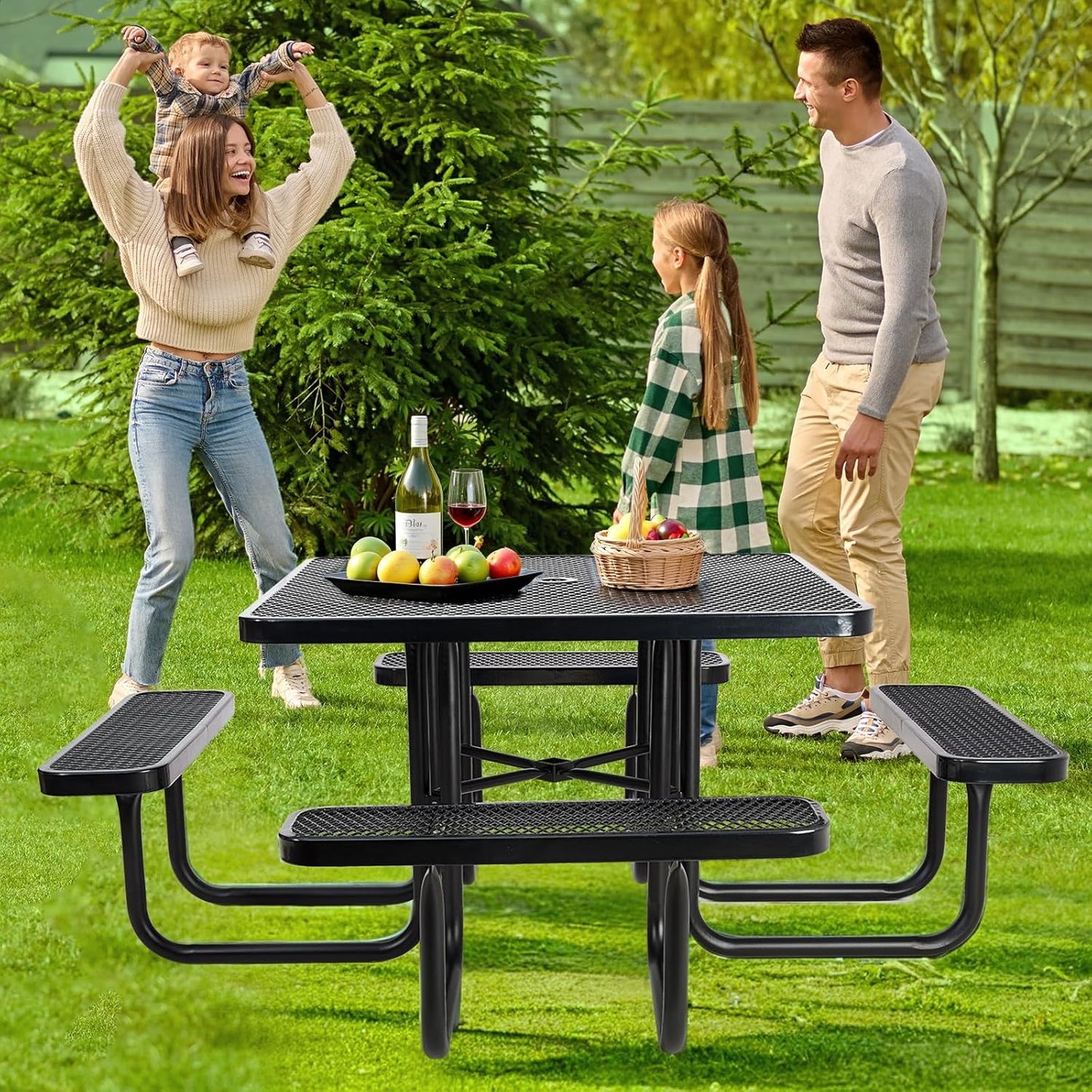 Heavy-Duty Park Bench or Table for Outside - Black Coated Outdoor Furniture Steel Bench, Commercial-Grade Outdoor Benches Weatherproof for Park, Patio, Porch (Black, 46” (Sq. Table))