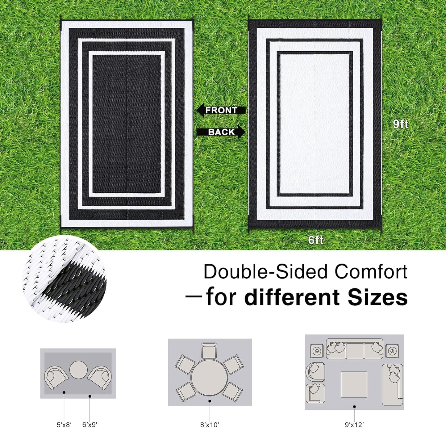 OLANLY Outdoor Rug 6x9 ft Waterproof, Reversible Outdoor Plastic Straw Rug, RV Mat, Indoor Outdoor Carpet Clearance for Patio, Camping, Balcony, Deck, Backyard, Black & White