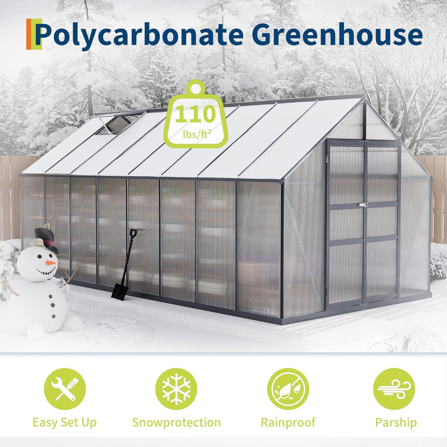 8*16 FT Outdoor Walk-in Greenhouse, Polycarbonate Green House, Heavy Duty Greenhouse with Vented Roof Window, Windproof Aluminum Frame, Suitable for Outside Gardening, Backyard, Patio