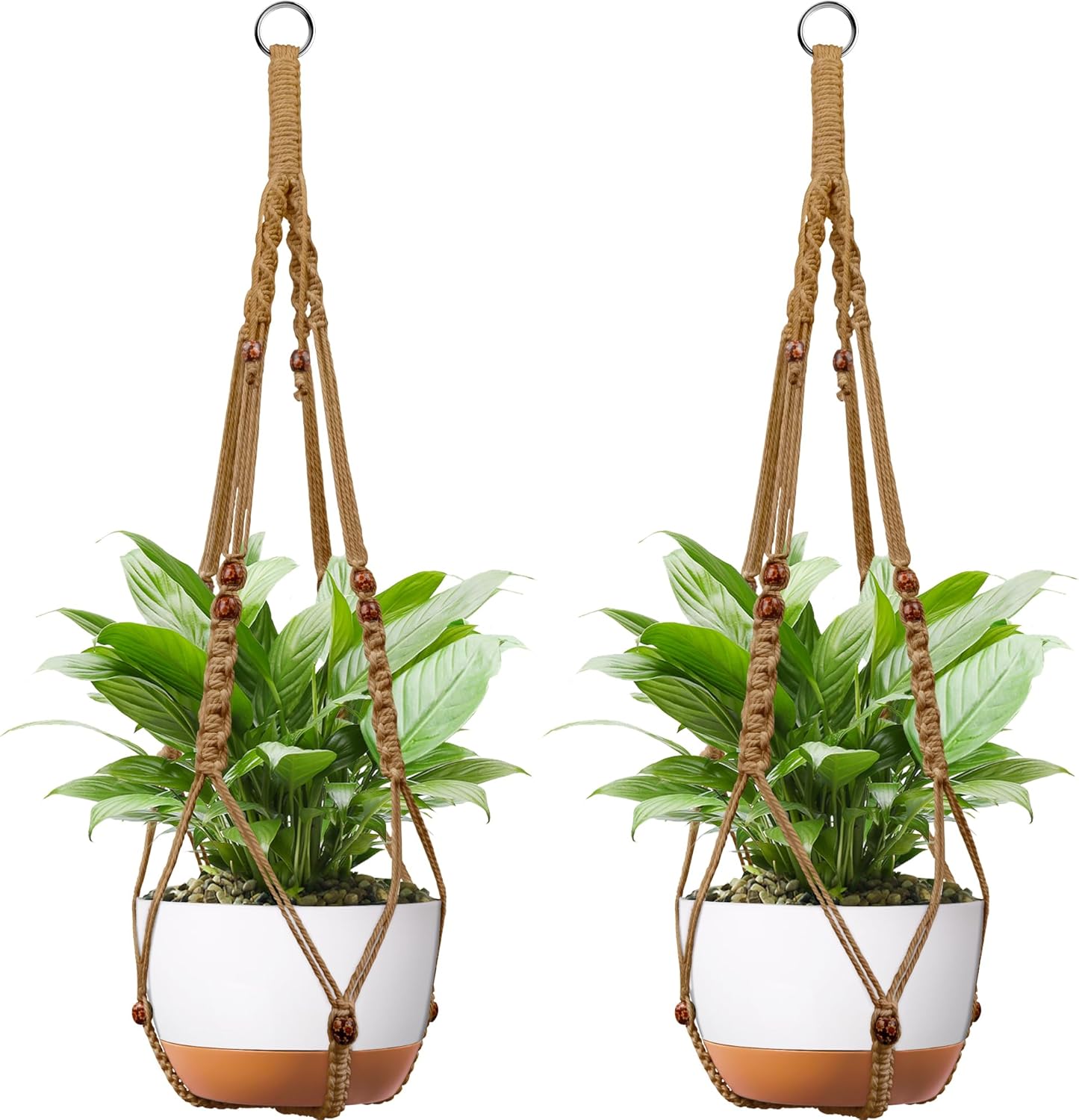 43 Inch Macrame Plant Hanger - Fits 6-15 Inch Pots, Extra Long Hanging Planter Holder for Indoor Outdoor, with Red Wood Beads, Boho Home Decor, 2 Pack, Brown (POTS NOT Included)