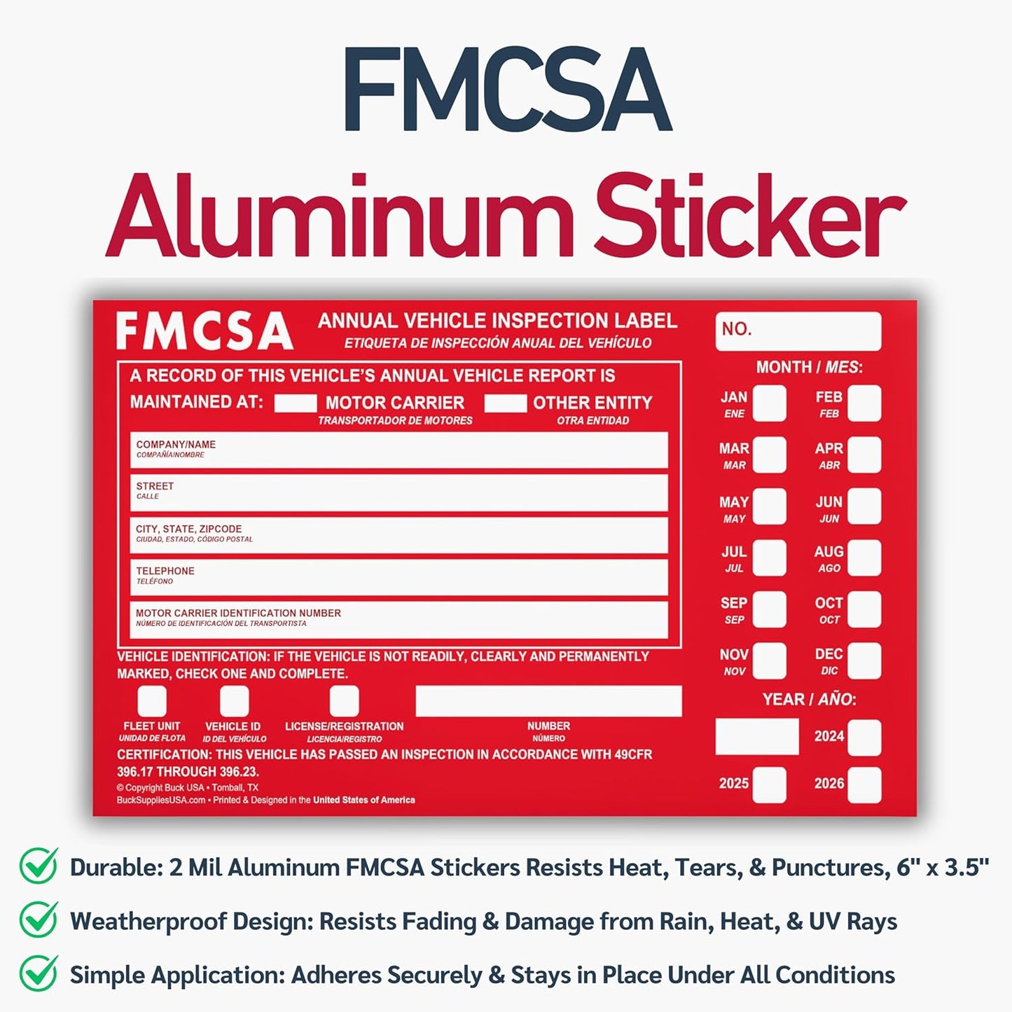 50 Pack 3-Ply Carbonless Annual Vehicle Inspection Report Forms with FMCSA Red Aluminum Adhesive Labels, DOT Inspection Forms and Stickers, Shrink-Wrapped, 8.5" x 11.75" - Made in USA