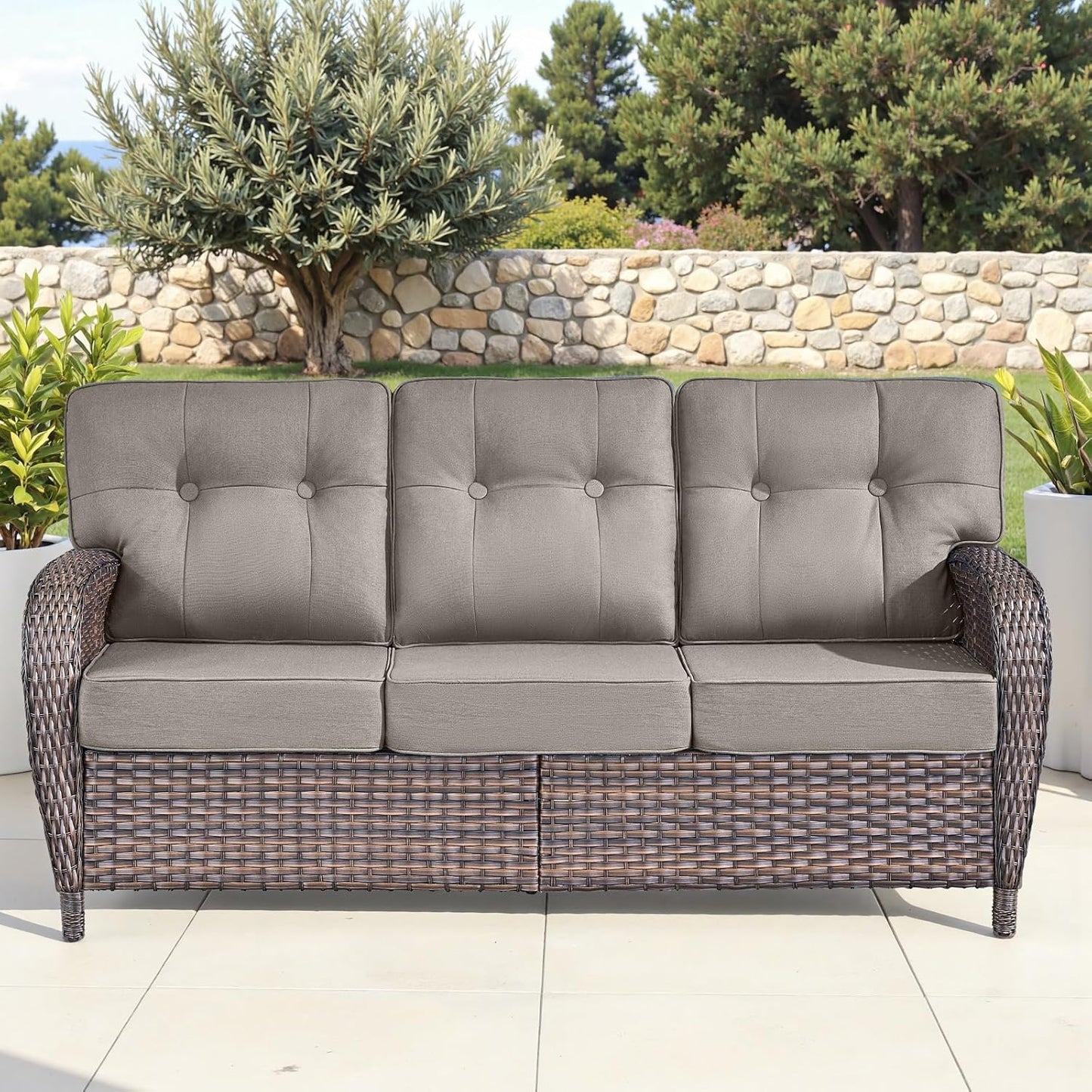 6-Piece Rotating Balcony Chair Set with 31-inch T-Shaped Wide backrest - Rattan Outdoor Rotating Balcony Chairs, Wide backrest Comfortable Outdoor Sliding Chair - Brown | Grey