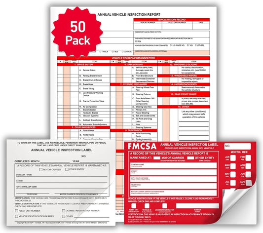 50 Pack 3-Ply Carbonless Annual Vehicle Inspection Report Forms with FMCSA Red Aluminum Labels & White Mylar Laminate Vinyl Labels, DOT Inspection Forms and Stickers, Shrink-Wrapped, 8.5" x 11.75"