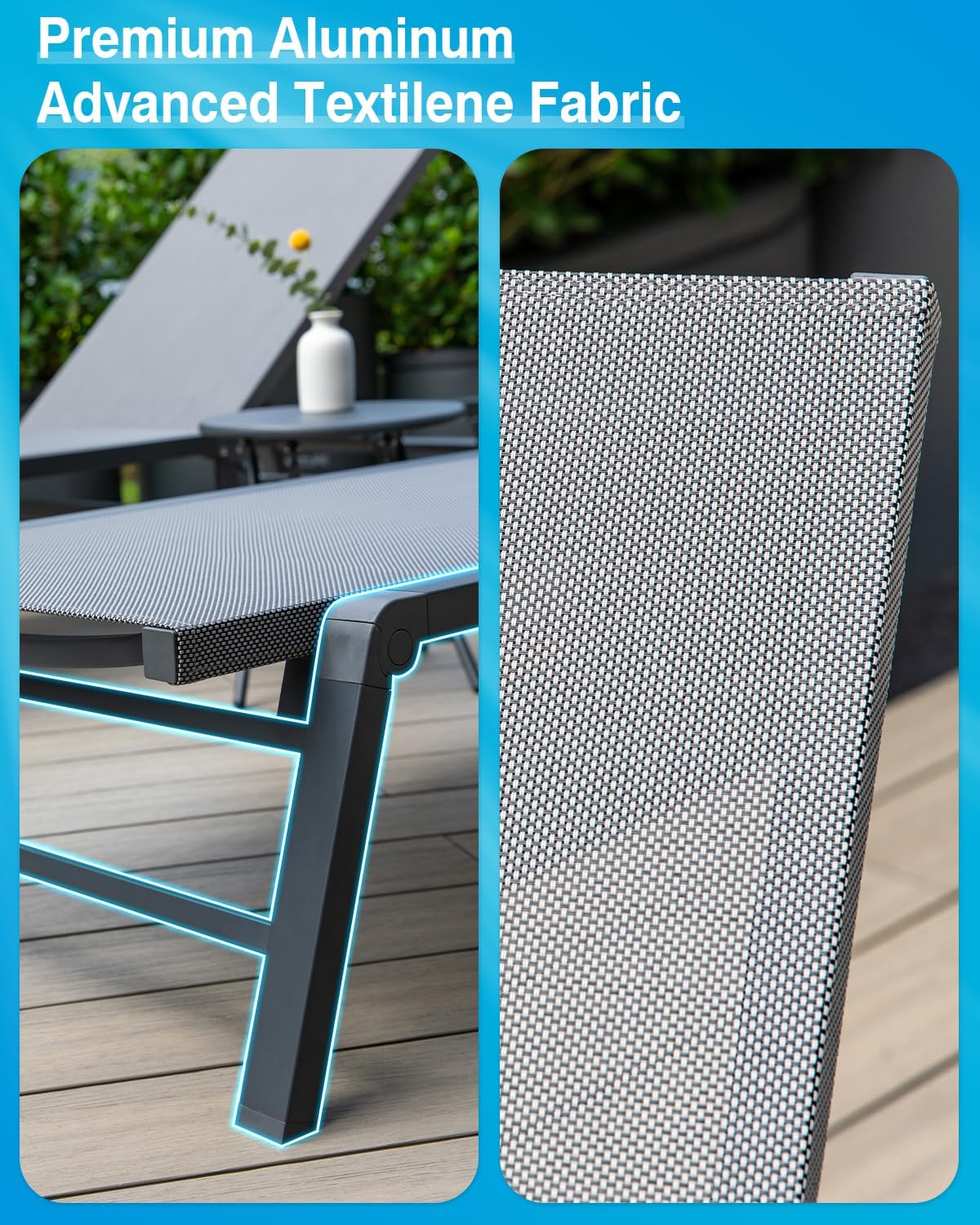 Aluminum Chaise Lounge Chair Outdoor, Foldable Patio Lounge Chair 2 Sets with Table Assemble-Free, Pool Lounge Chairs with 5 Adjustable Backrest, Outdoor Lounge Chairs for Outside Poolside Brown