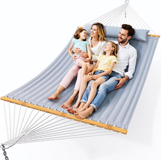 Double Hammock with Spreader Bar,Soft Pillow,Max Load 500lbs,Portable Hammock for Outdoor,Camping,and Backyard,Dark Gray