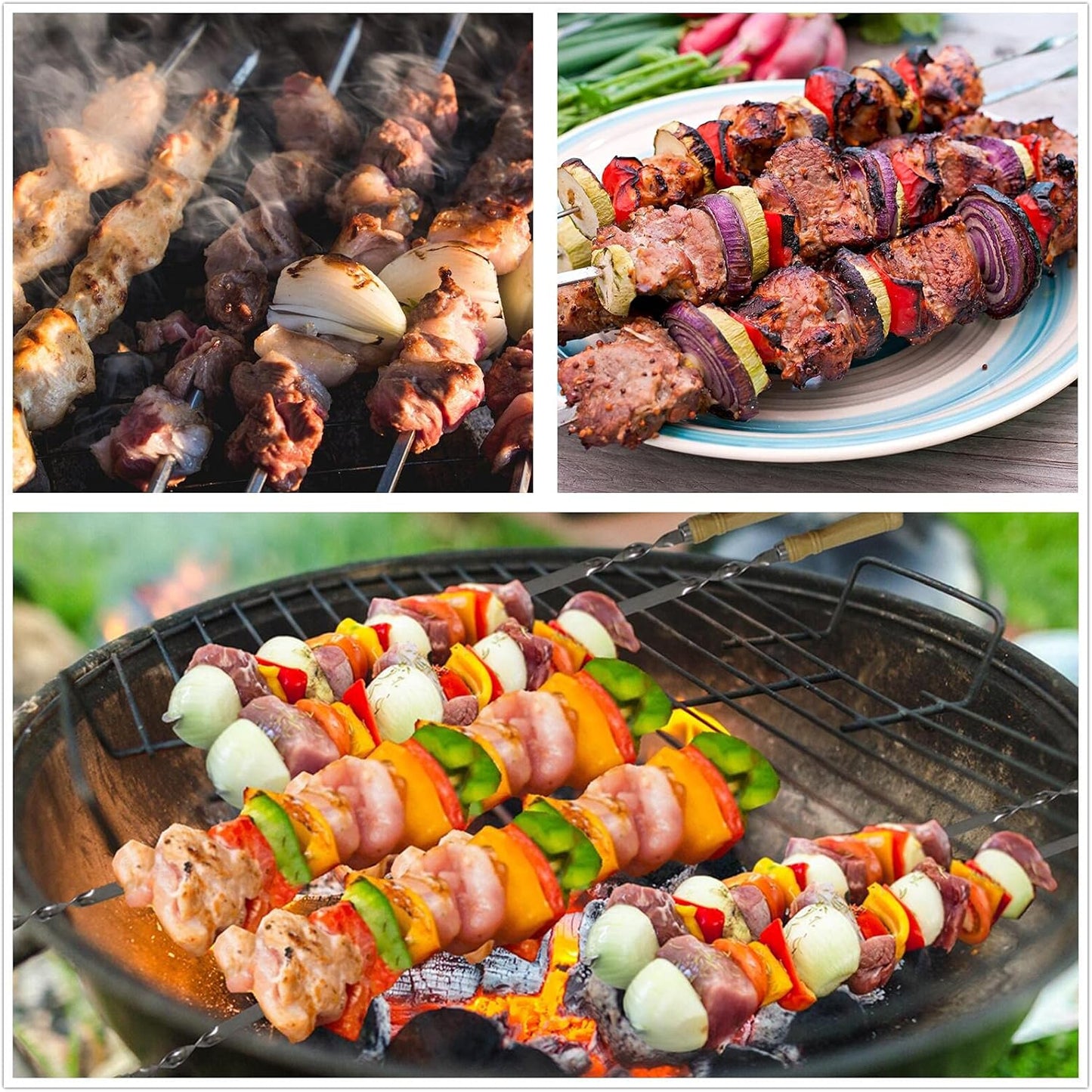 23.6" Large Size Kabob Skewers Flat Metal BBQ Barbecue Skewer Wooden Handle Stainless Steel Shish Kabob Stick Wide Reusable Grilling Set Meat Shrimp Chicken Vegetable Kebab Fork Sausage-12PCS