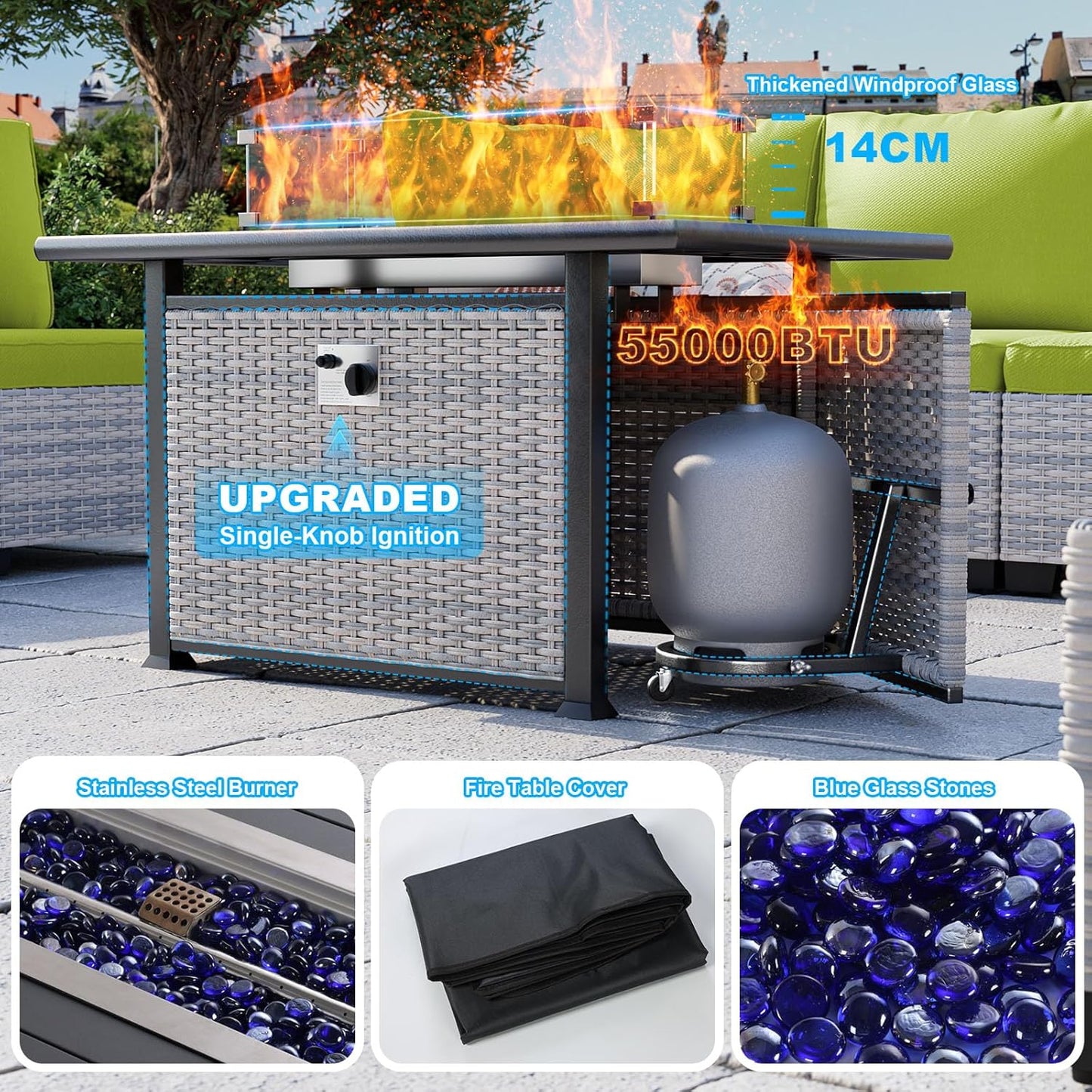 15-Piece Patio Furniture Set, Outdoor Patio Furniture with 55,000 BTU Fire Pit Table, Thick Cushions, Modular Patio Sofa, Dual-Strand Wicker Rattan, Rust-Resistant Frame, Grass Green