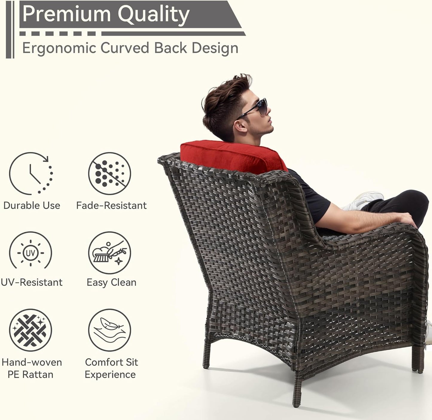 5 Pieces Patio Conversation Set, Wicker Chairs Set of 2 and Two Ottomans with 3.5-inch Seat Cushions, 1 Side Table High Back and Curved Armrest for Backyard, Balcony and Deck, Red