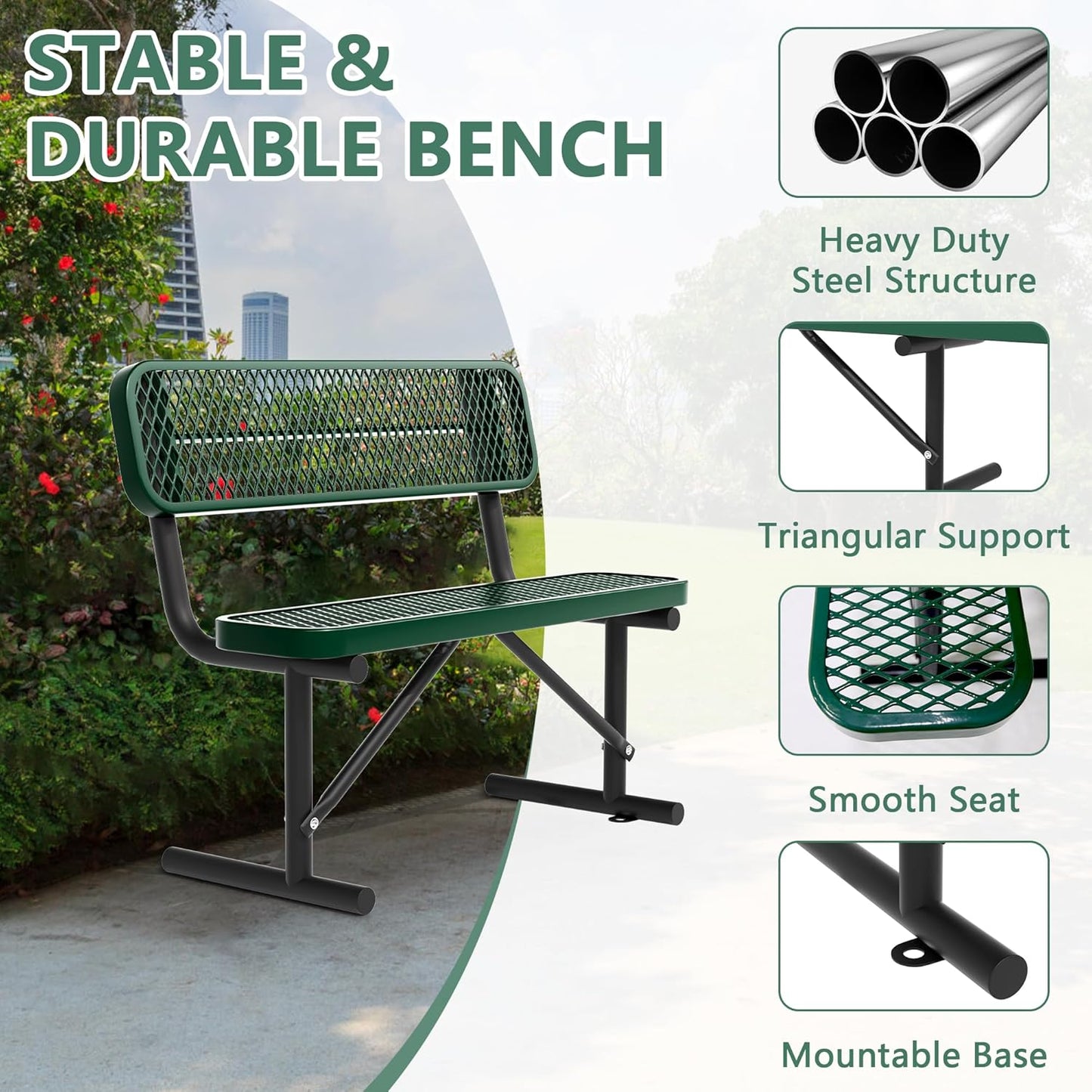 4FT Heavy Duty Park Bench with Back Portable Frame, Outdoor Steel Bench with Backrest, Green Park Bench Expanded Metal Mesh Bench for Lawn, Park, Deck, Garden, Patio, Porch (Green, 4FT)