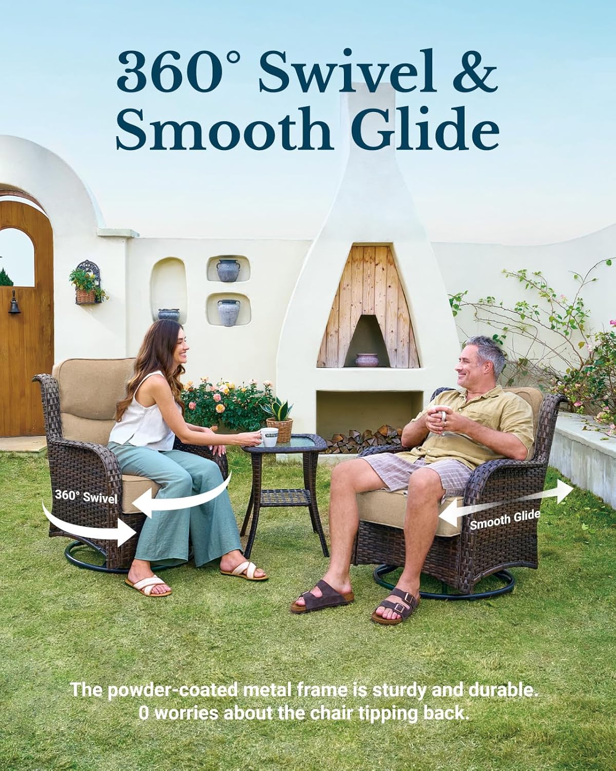 HILLGA Luxury Patio Furniture Set with 6-inch Thick Cushion, Outdoor High Back Swivel Rocker Patio Chairs, 5PCS Wicker Conversation Set for Deck Yard and Poolside, Beige (V2)