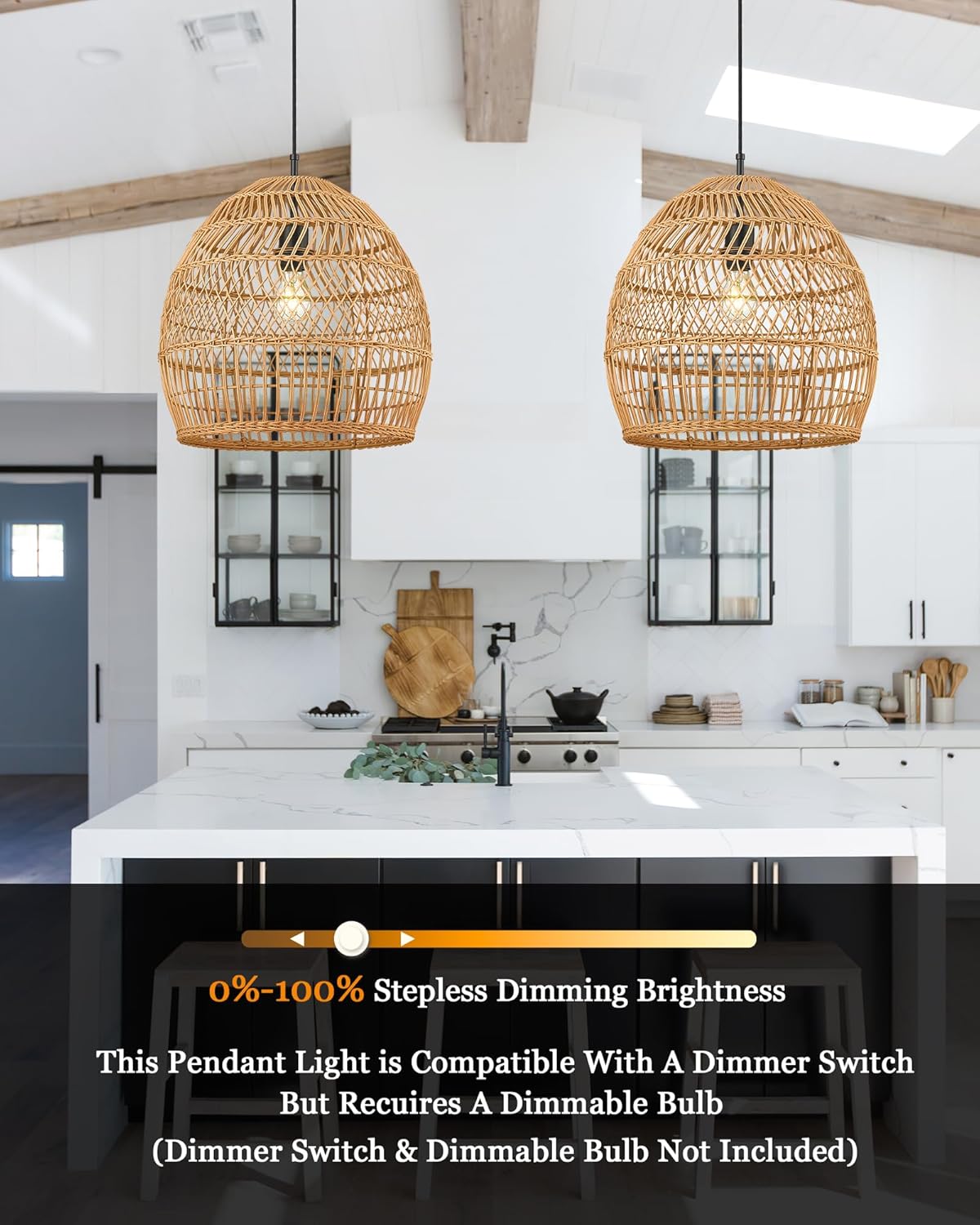 ELYONA 16” Large Boho Rattan Chandelier, Modern Rustic Wicker Pendant Light Fixtures, Basket Hand Woven Hanging Lamp for Coastal Kitchen Island Dining Room Living Room Bedroom Foyer (40cm*40cm)