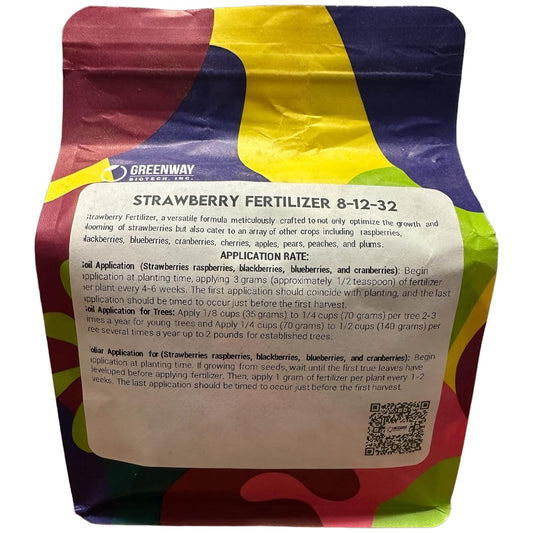 Greenway Biotech Strawberry 8-12-32 Fertilizer Powder 100% Water Soluble Plus Trace Minerals- Includes Essential Chelated Micronutrients for Tasty Fruits (2 Pounds 400 Gallons)