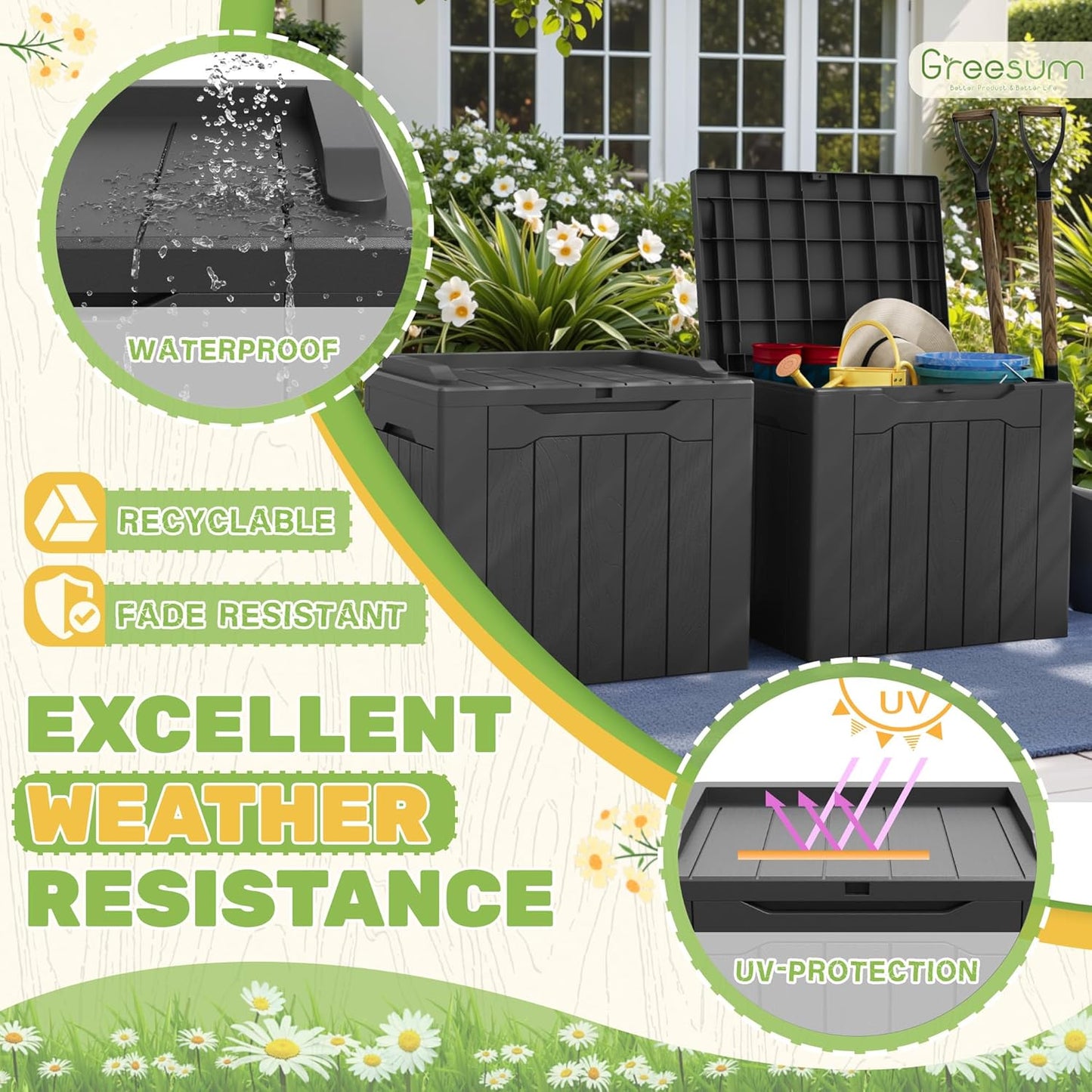 Greesum 31 Gallon Deck Box for Outside, All Weather Outdoor Storage Boxes for Patio Furniture Set, Package Delivery Box,Garden Tools, Gray(Set of 2)