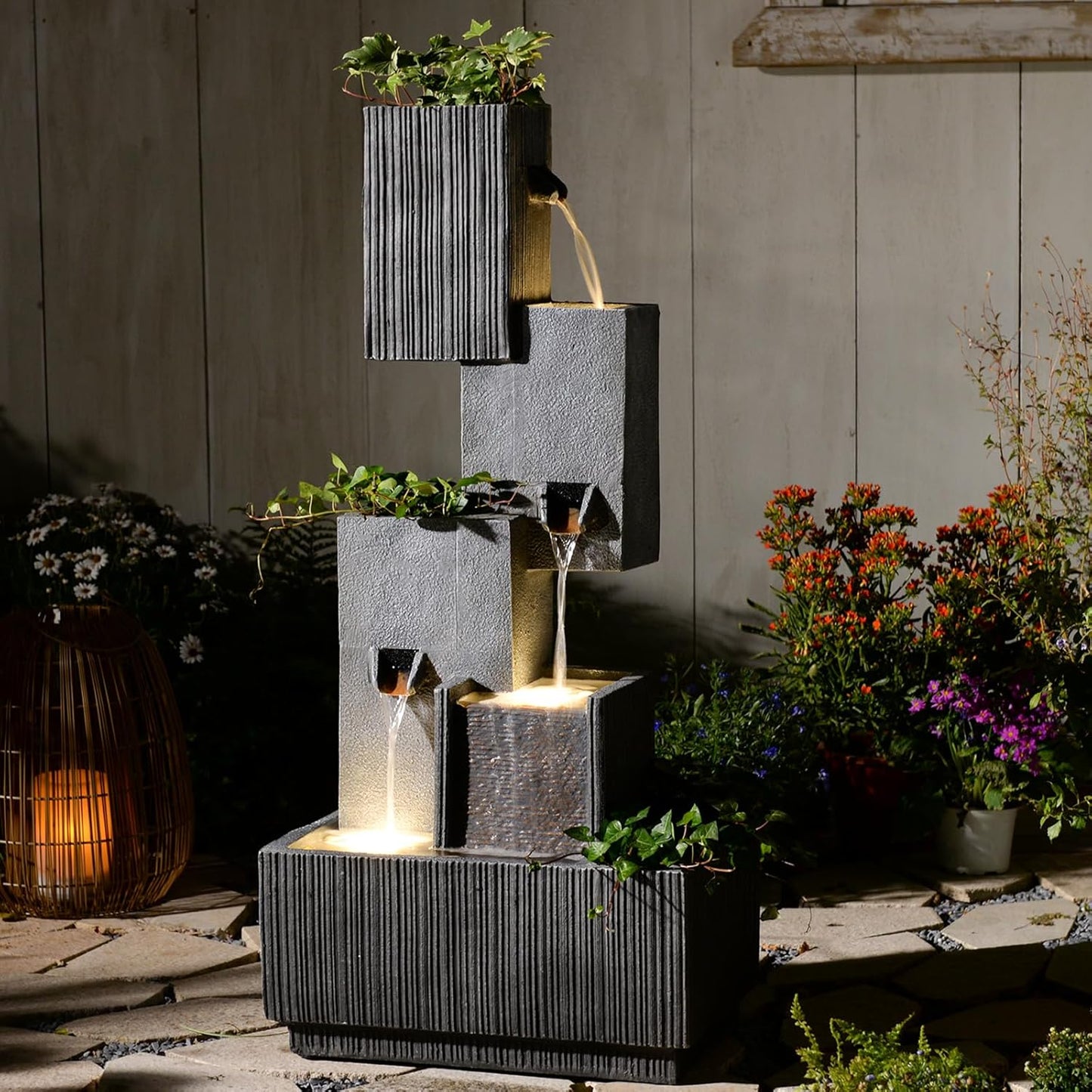 42" H Outdoor Water Fountain Garden Waterfalls - Large Water Feature Geometric Stacking Waterfall Fountains Planter with Lights for Patio Backyard Deck Porch Deck and Home Decor, Gray