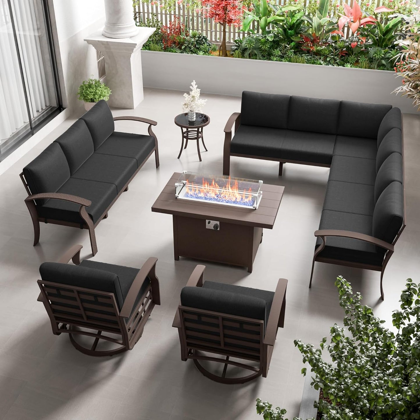 Aluminum Patio Furniture Set with Fire Pit Table, 11 Seats Outdoor Patio Conversation Set with Swivel Chair Modern Metal Patio Sectional Sofa with Coffee Table for Patio, Backyard(Dark Grey).