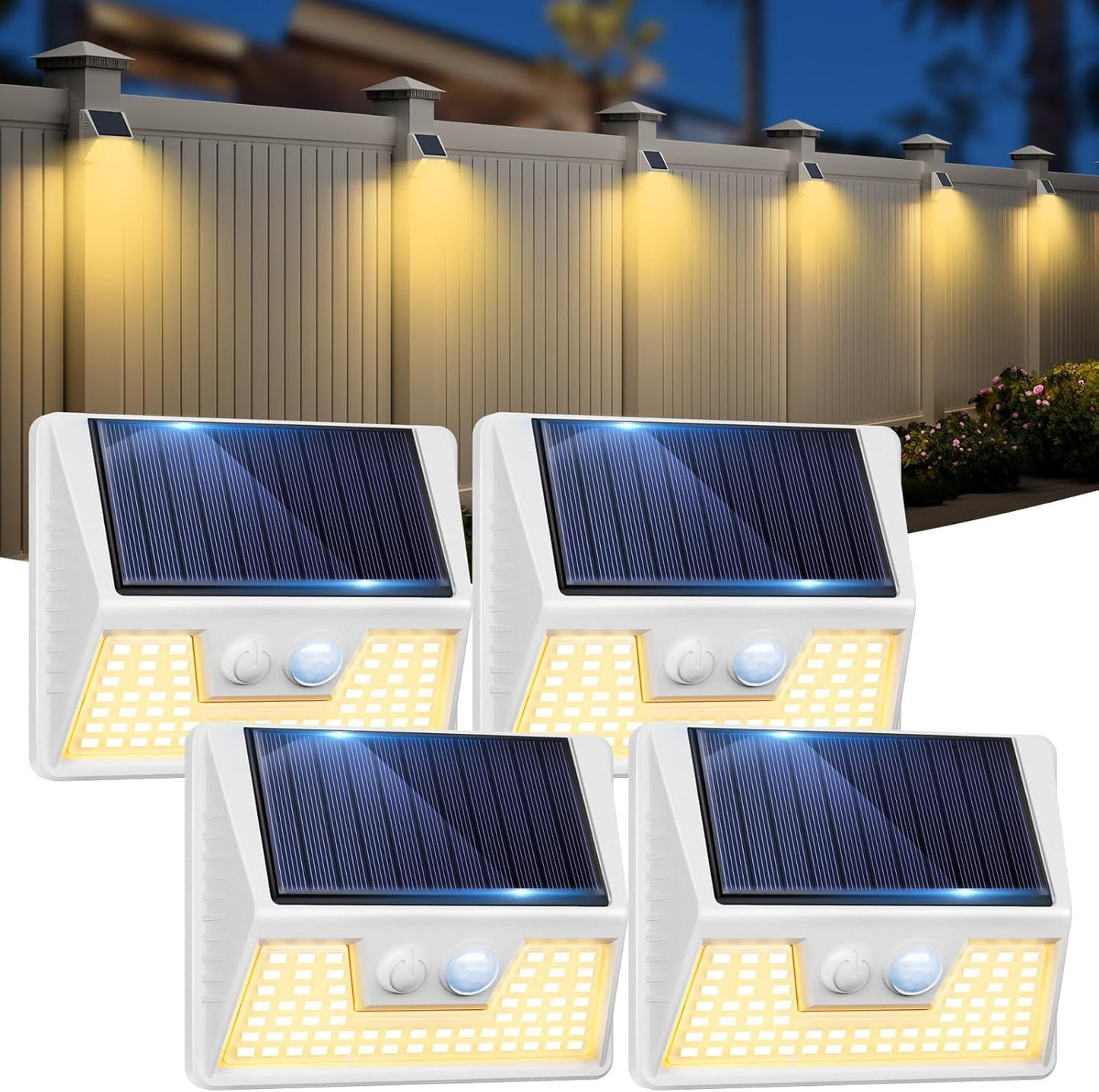 4 Pack Solar Fence Lights Waterproof, Motion Sensor Deck, Warm White LED Outside Wireless for Wall, Yard, Garden - White