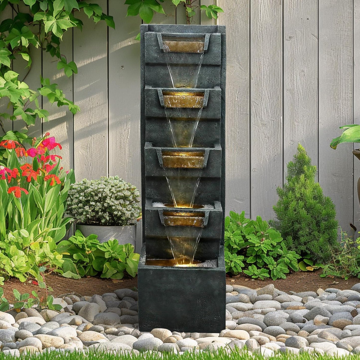 SunJet 4-Tiers Modern Cascading Indoor/Outdoor Fountains and Waterfalls with LED Lights - 39.3" High Large Water Fountain for Garden, Patio, Yard, and Deck Decor - Relaxing Water Fountain Outdoor