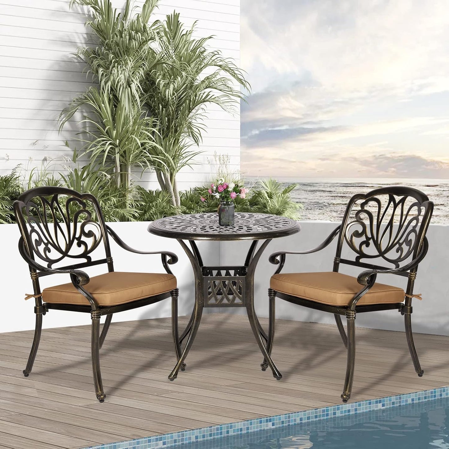 3-Piece Outdoor Patio Dining Set, All-Weather Cast Aluminum Patio Furniture Set for Backyard Garden Deck with 2 Cushioned Chairs and 31” Round Table, 2" Umbrella Hole
