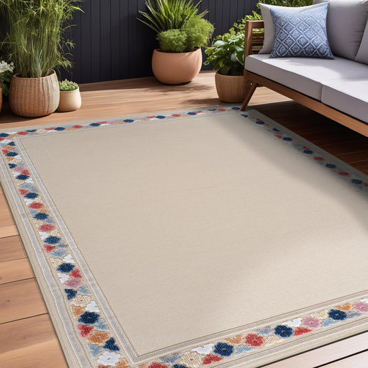 Beverly Rug Outdoor Rug 5x7 Modern Bordered Area Rugs for Indoor and Outdoor Patio Easy to Clean Non Shedding Living Room Porch Garden Washable Outside Carpet (5 x 7 Beige)