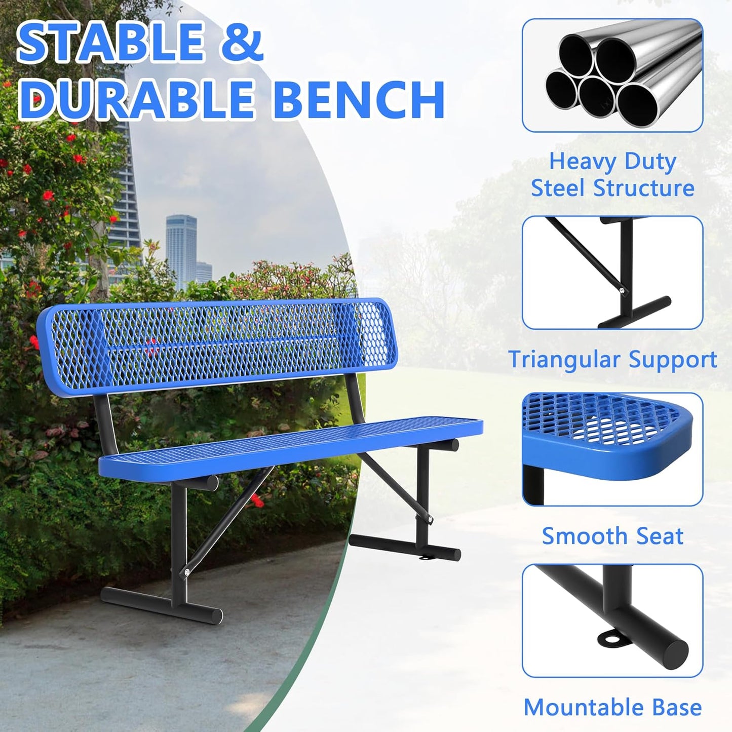 6 Feet Heavy Duty Metal Park Bench for Outside, Outdoor Steel Bench with Backrest & Portable Frame, Commercial Benches for Shopping Malls/Stores/Parks/Patios/Decks/School