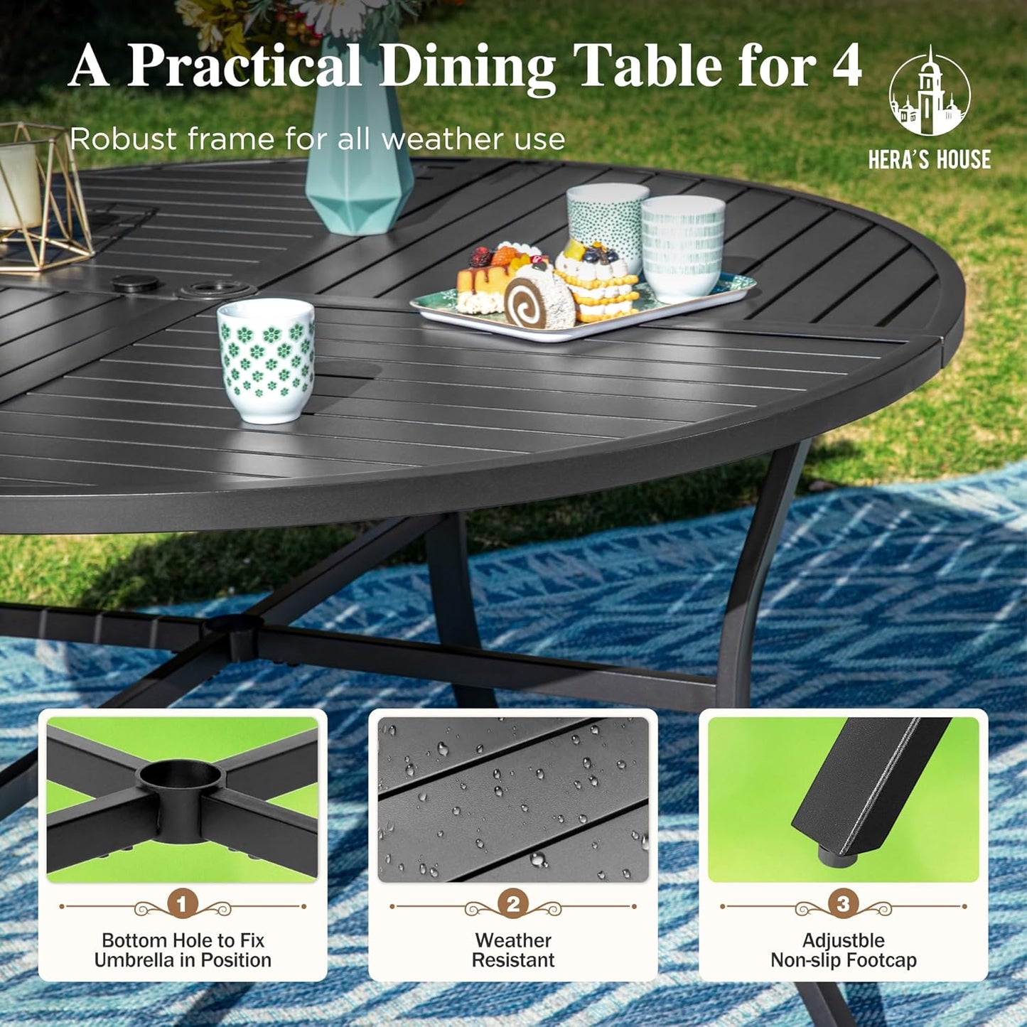 HERA'S HOUSE 5 Pieces Patio Dining Set, 4 x Blue Textilene Dining Chair, 42" Metal Round Dining Table, Patio Table and Chairs Set for Lawn Garden Backyard Deck